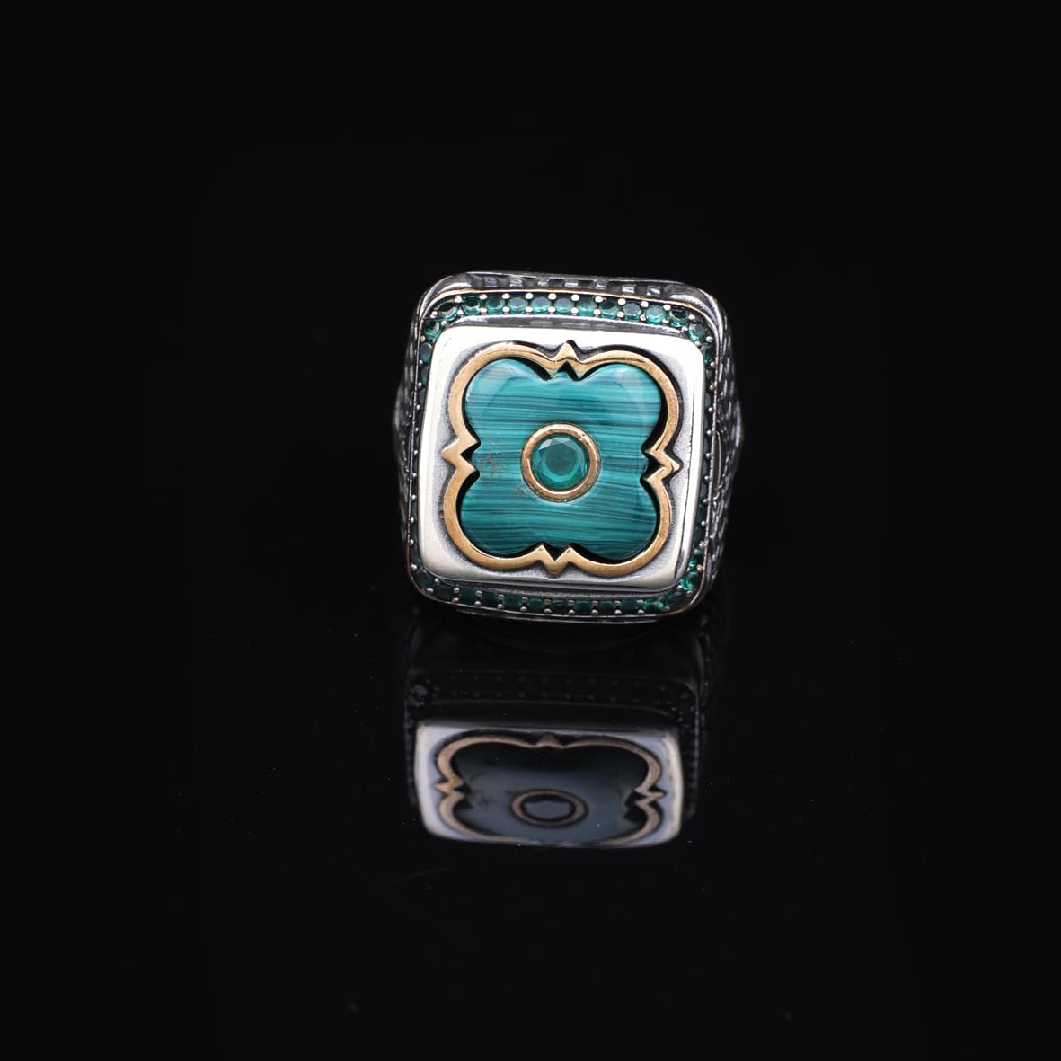 Vintage Malachite Ring with Micro Jade Stone - Handmade 925 Sterling Silver Men's Ring with Gemstone - Includes Silver Polishing Cloth Gift