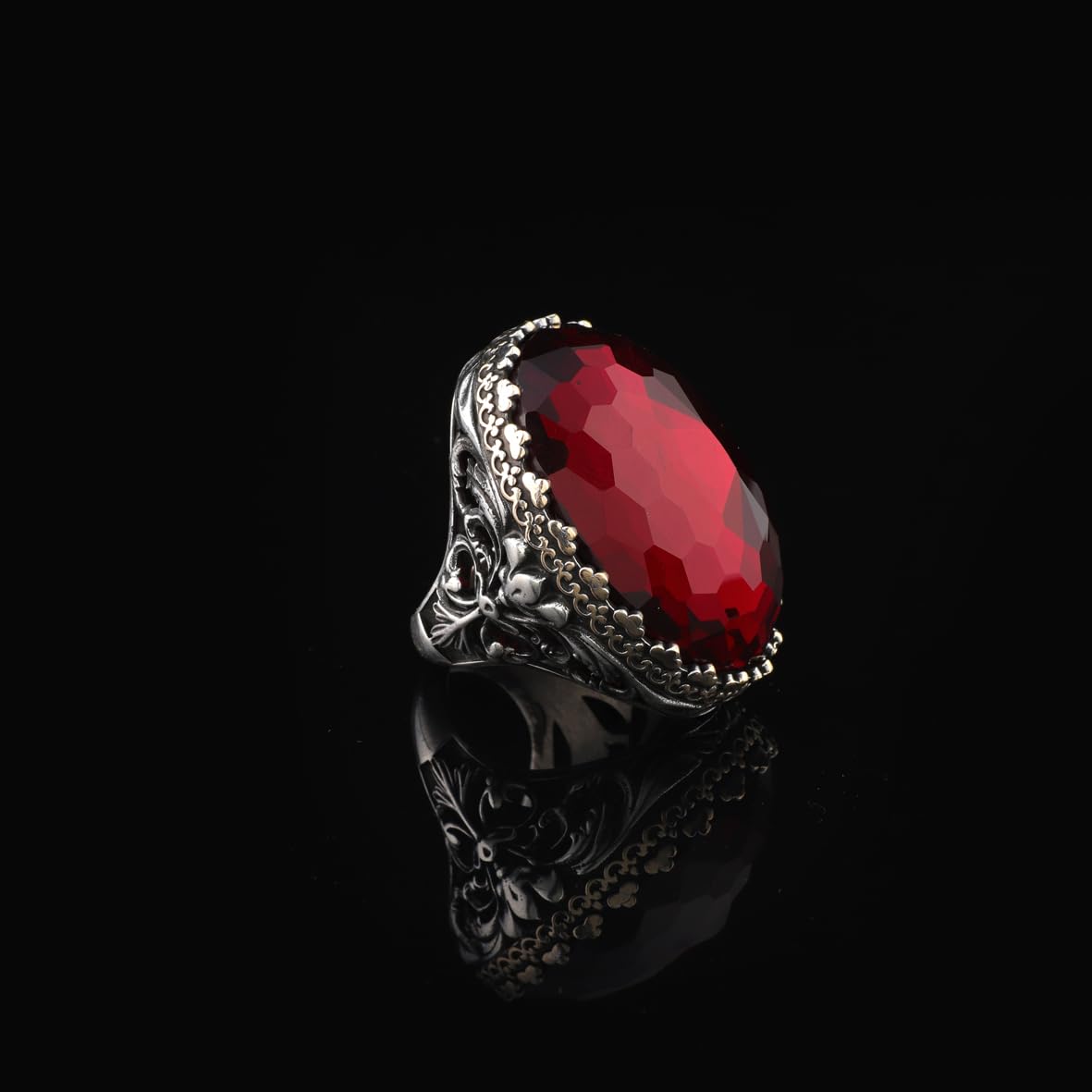 Garnet Gemstone Ring for Men – Chunky Sterling Silver Ottoman Style Vintage Ring