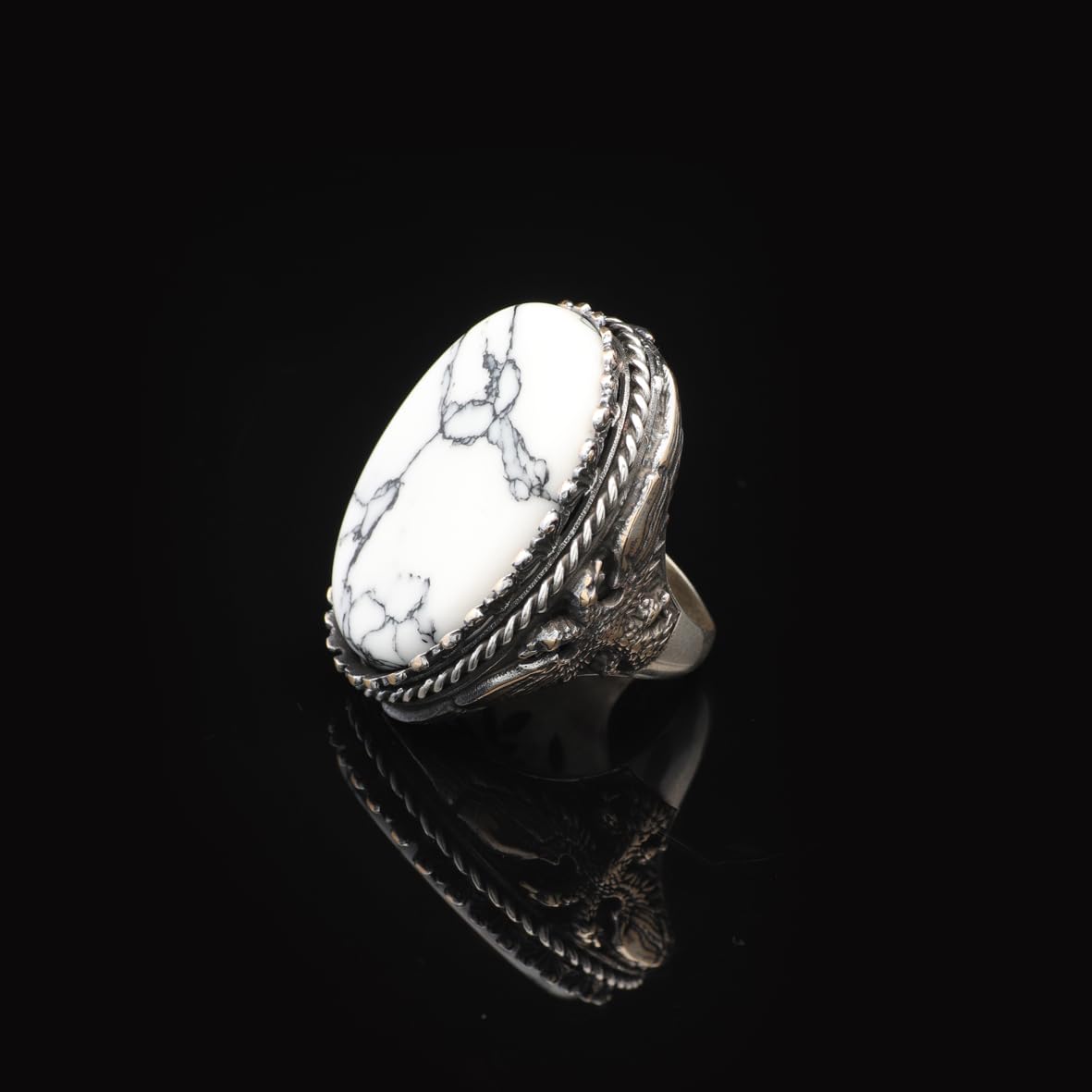 Vintage White Turquoise Eagle Ring for Men - Large Oval Stone 925 Sterling Silver Turkish Handmade Polished Engagement Ring with Silver Polishing Cloth Gift
