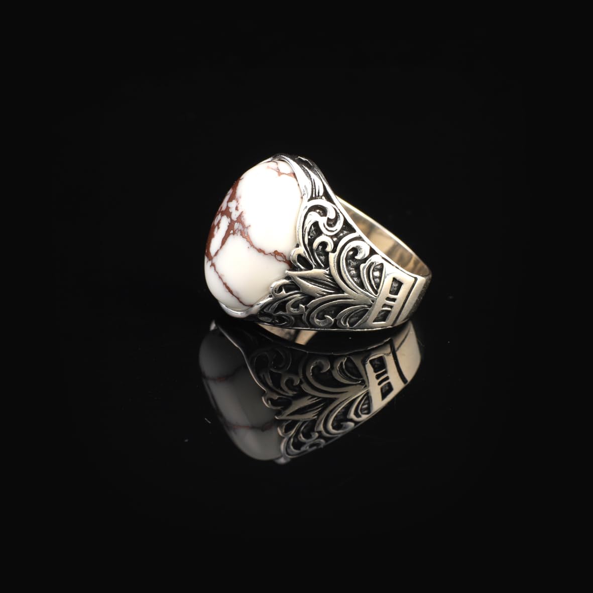 Mens White Turquoise Ring – Oval Gemstone in Ottoman Style – Handmade Vintage Sterling Silver Ring – Custom Engraved Engagement Ring with Gift Silver Polishing Cloth