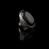 Vintage Black Onyx Chunky Sterling Silver Ring – Herringbone Design Ottoman-Style Men's Engagement Ring — image 4