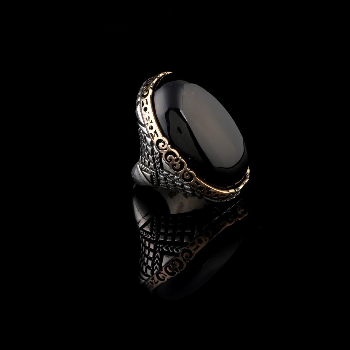Vintage Black Onyx Chunky Sterling Silver Ring – Herringbone Design Ottoman-Style Men's Engagement Ring