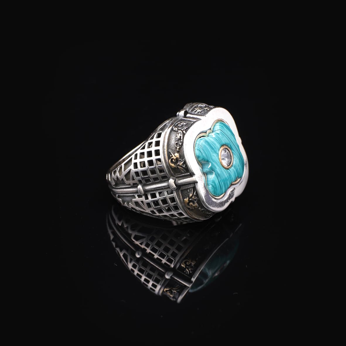 Vintage Handmade Malachite and White Sapphire Sword Ring - 925 Sterling Silver Men's Ring with Micro Stone Accent and Silver Polishing Cloth Gift