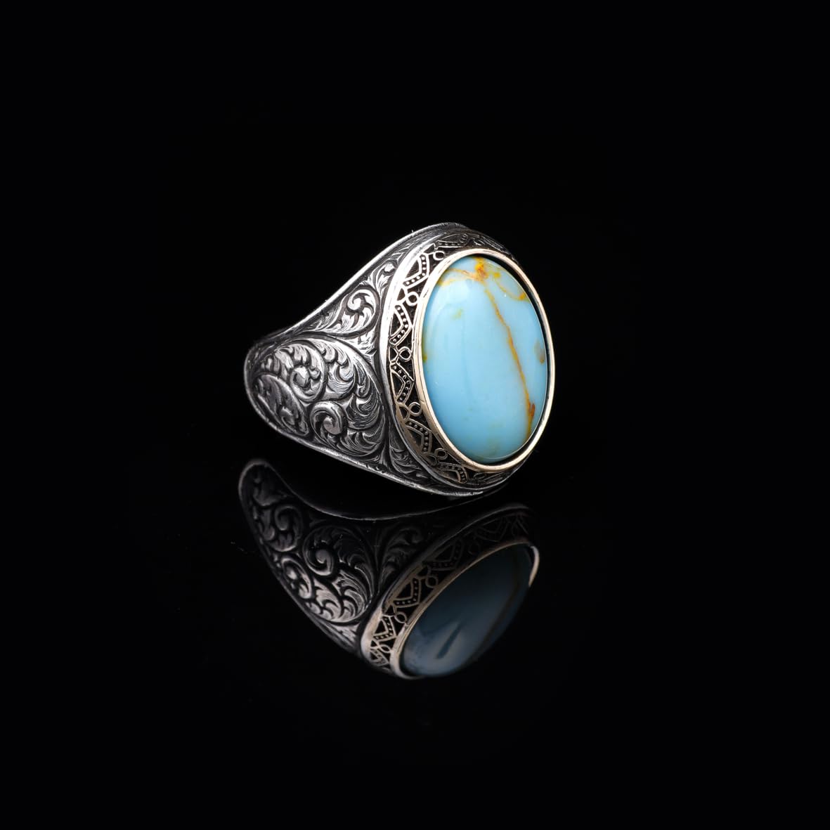 Handmade Genuine Men's Turquoise Ring - 925 Sterling Silver Gemstone Jewelry with Silver Polishing Cloth Gift