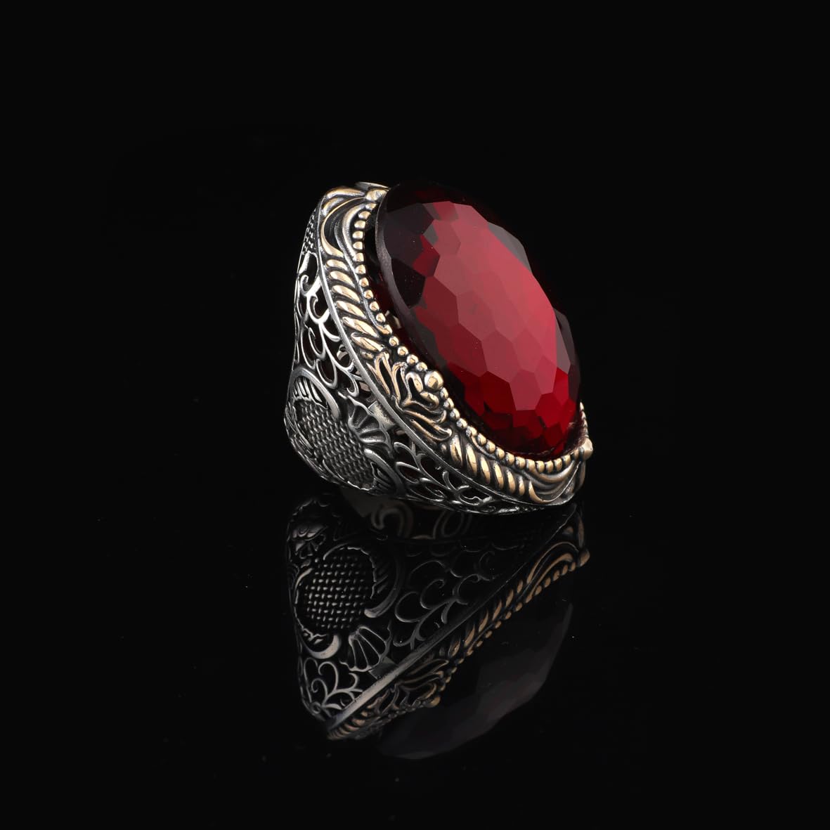 Vintage-Inspired Garnet Ring - Chunky Sterling Silver Ring for Men - Handmade Ottoman Gemstone Engagement Ring - Custom Engraving Included with Gift Silver Polishing Cloth