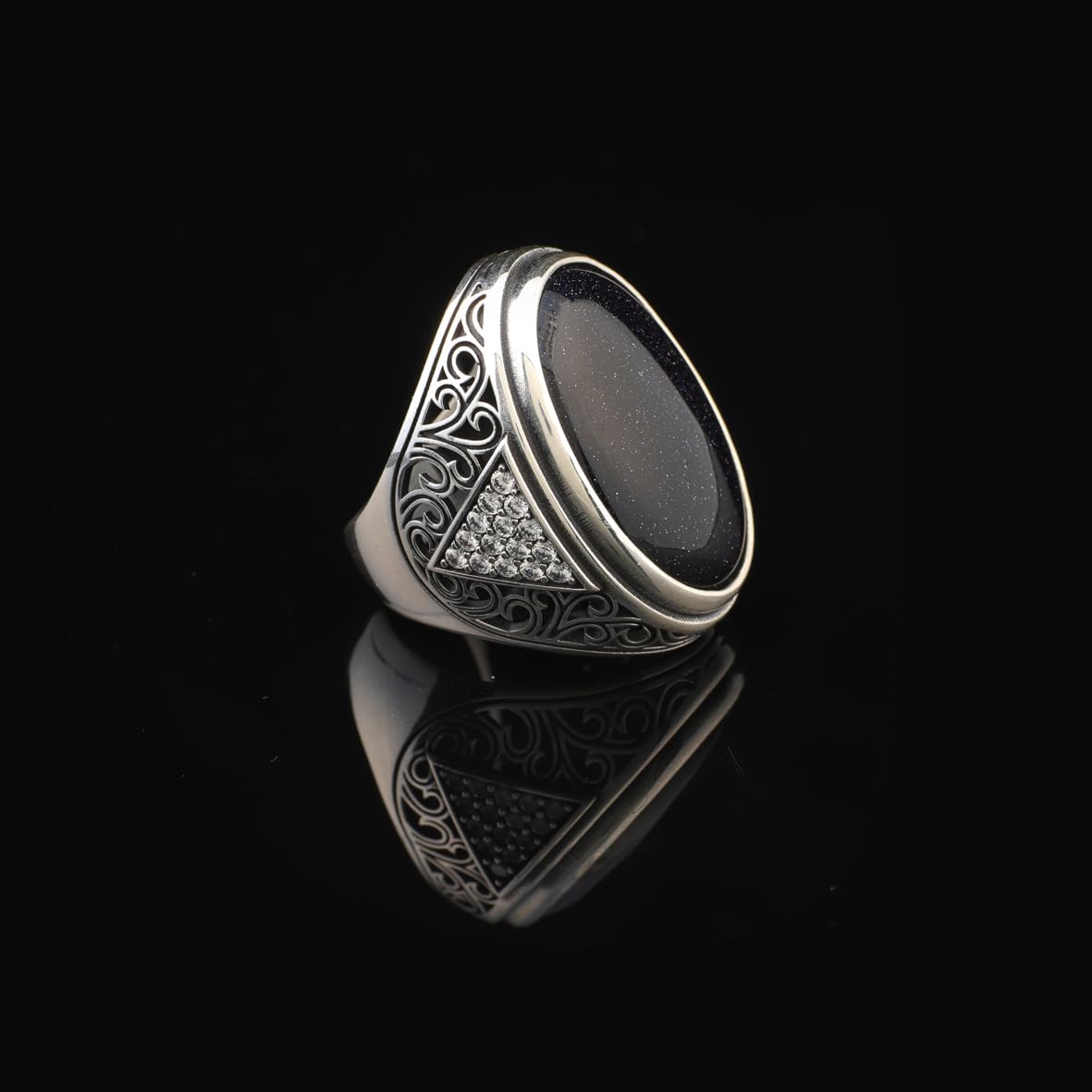 Space Onyx Stone Ring – Large Chunky Sterling Silver Ring with Micro Sapphire Stone