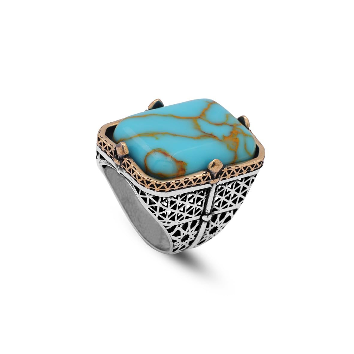 Vintage Large Turquoise Ring for Men - 925 Sterling Silver Turkish Handmade Polished Engagement Ring with Silver Polishing Cloth Gift