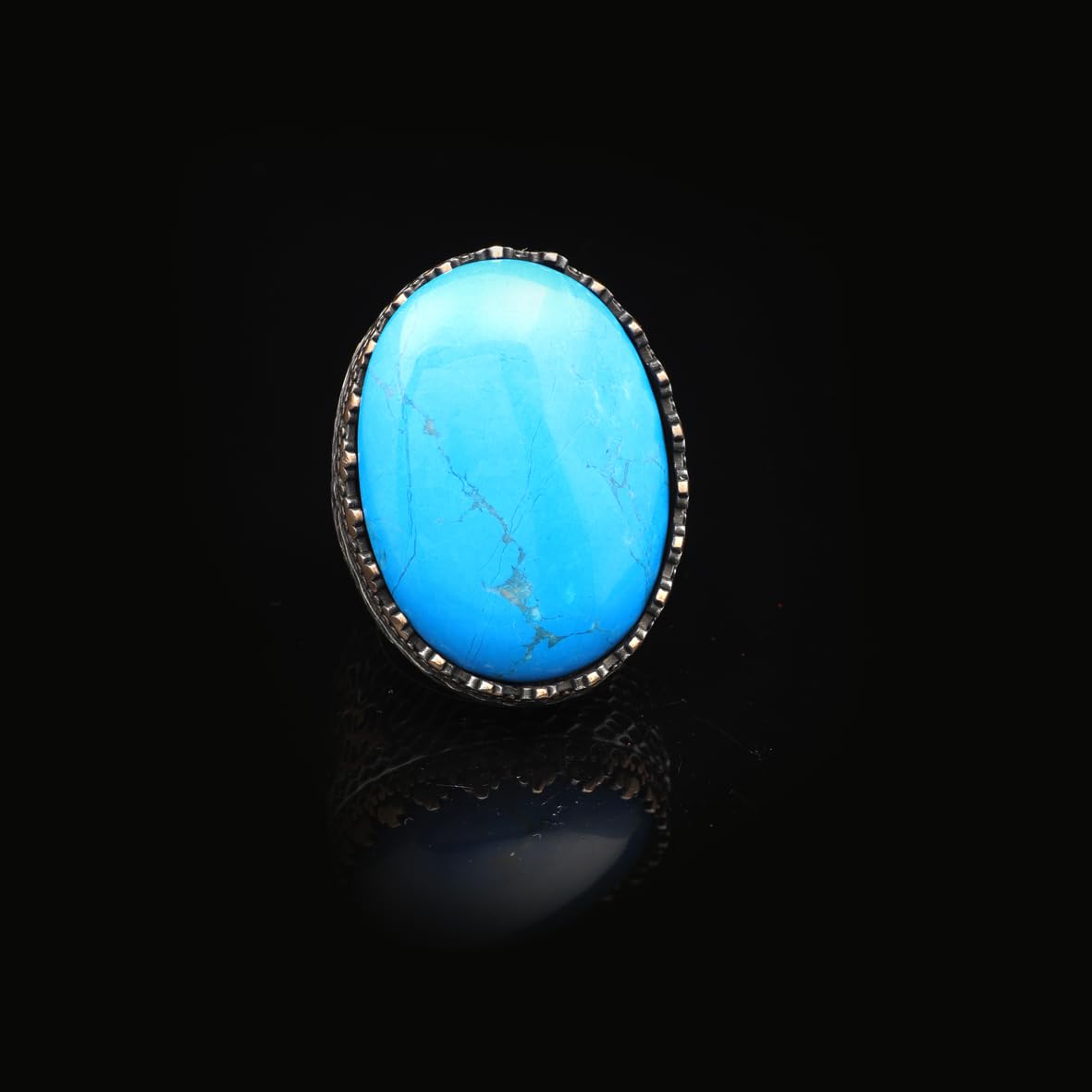 Handmade Turquoise Men’s Ring with Large Oval Stone – Vintage 925 Sterling Silver Engagement Ring