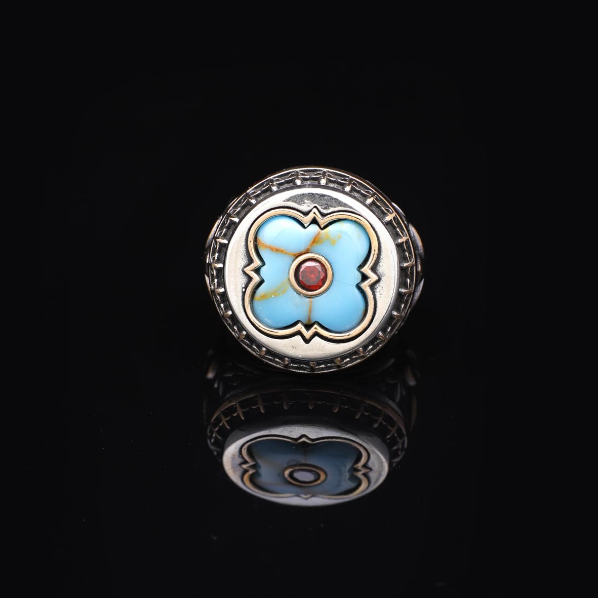 Genuine Turquoise Mens Ring with Micro Ruby Stone - Vintage Handmade 925 Sterling Silver Men's Ring with Silver Polishing Cloth Gift