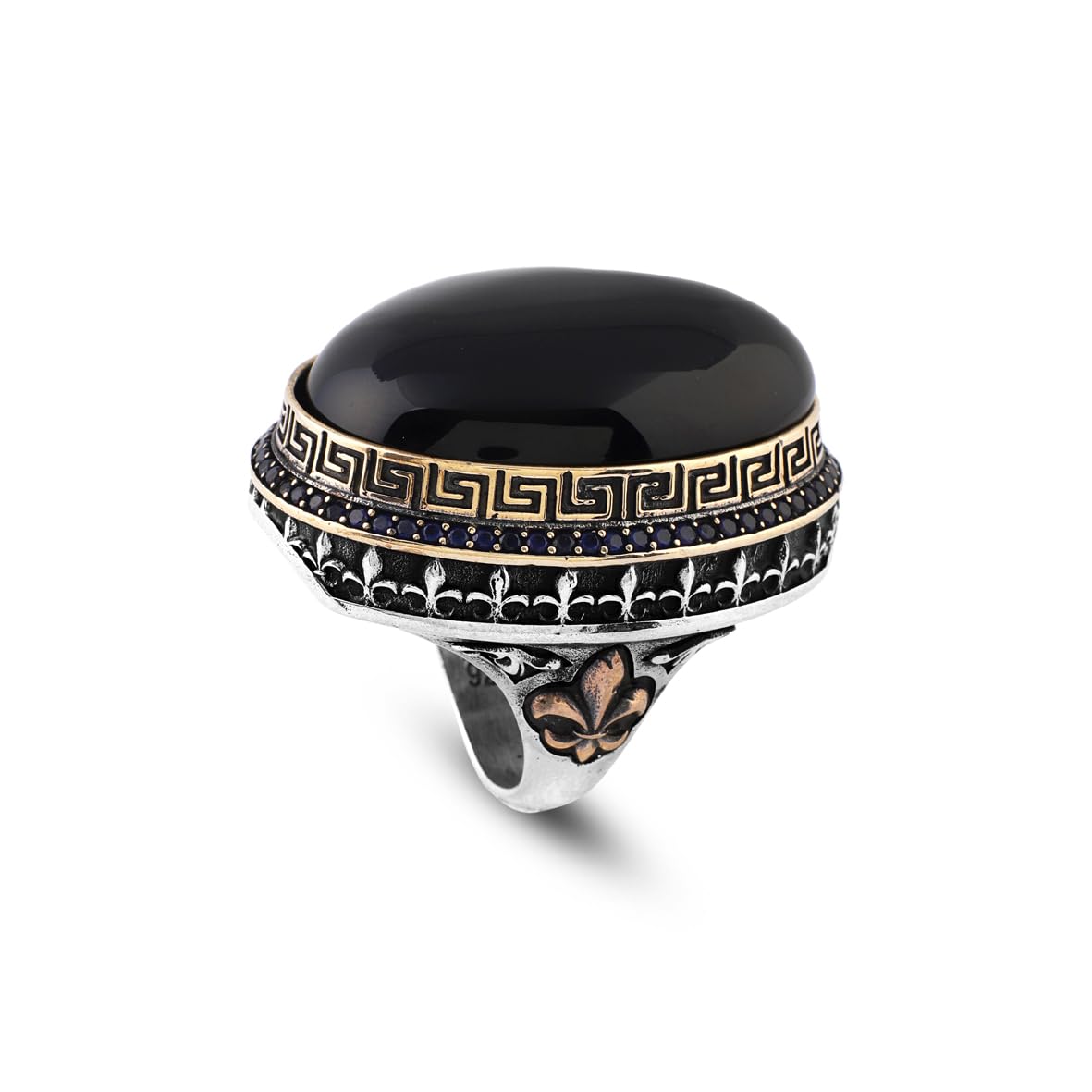 Iris Flower Model Black Onyx Ring - Chunky Silver Ring - Handmade Sterling Silver Engagement Ring for Men - Vintage Ottoman Gemstone Design with Custom Engraving