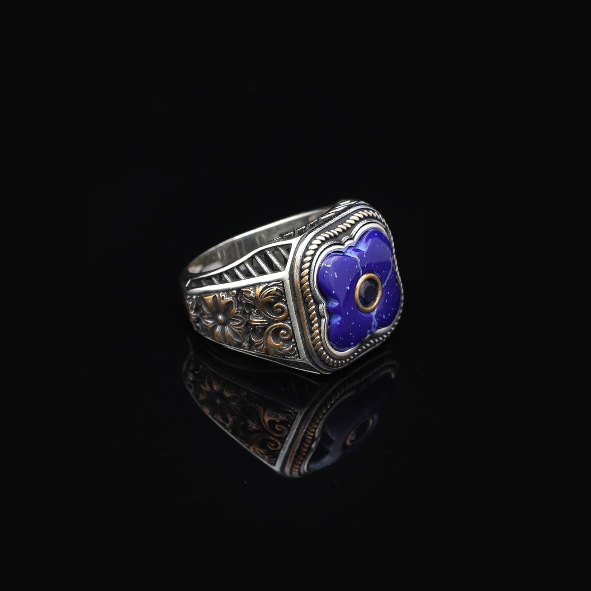 Vintage Handmade Lapis Lazuli Ring with Black Onyx and Micro Stone - 925 Sterling Silver Men's Ring with Gemstone and Silver Polishing Cloth Gift