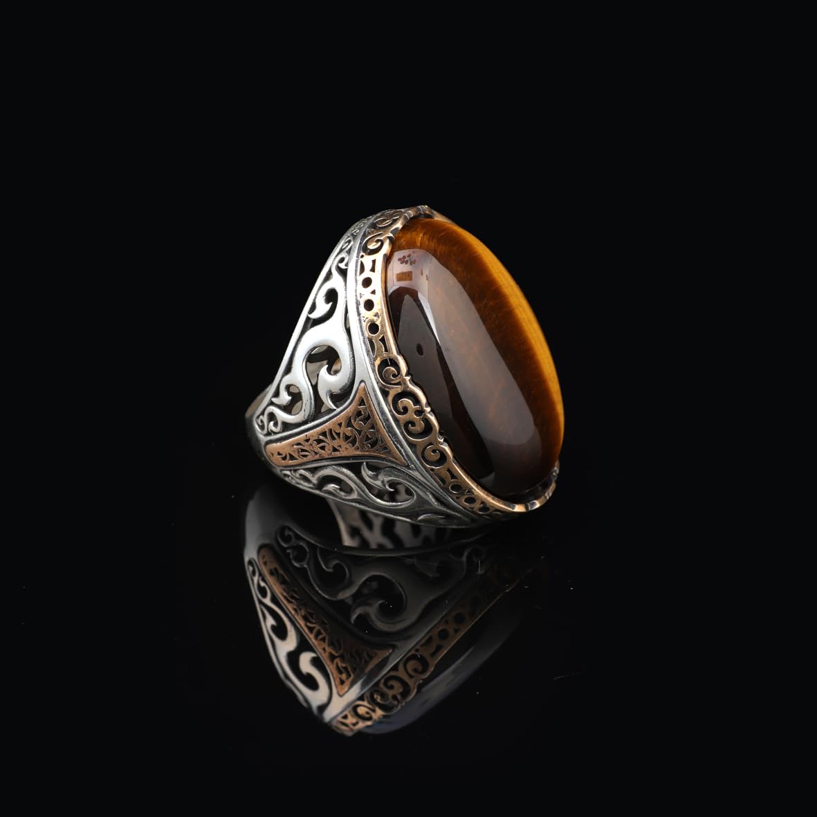 Men's Vintage Tiger Eye Ring - Handmade Oval Gemstone Ottoman Style Large 925 Sterling Silver Ring with Silver Polishing Cloth Gift