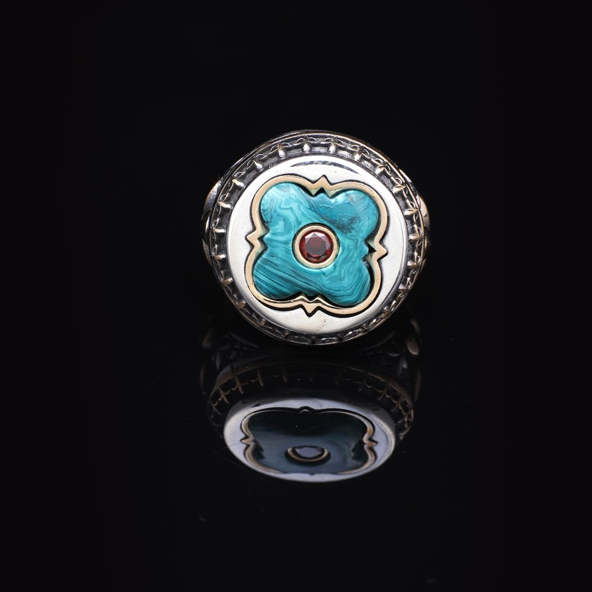 Vintage Malachite Ring with Micro Ruby Stone - Handmade 925 Sterling Silver Mens Ring with Gemstone - Includes Silver Polishing Cloth Gift