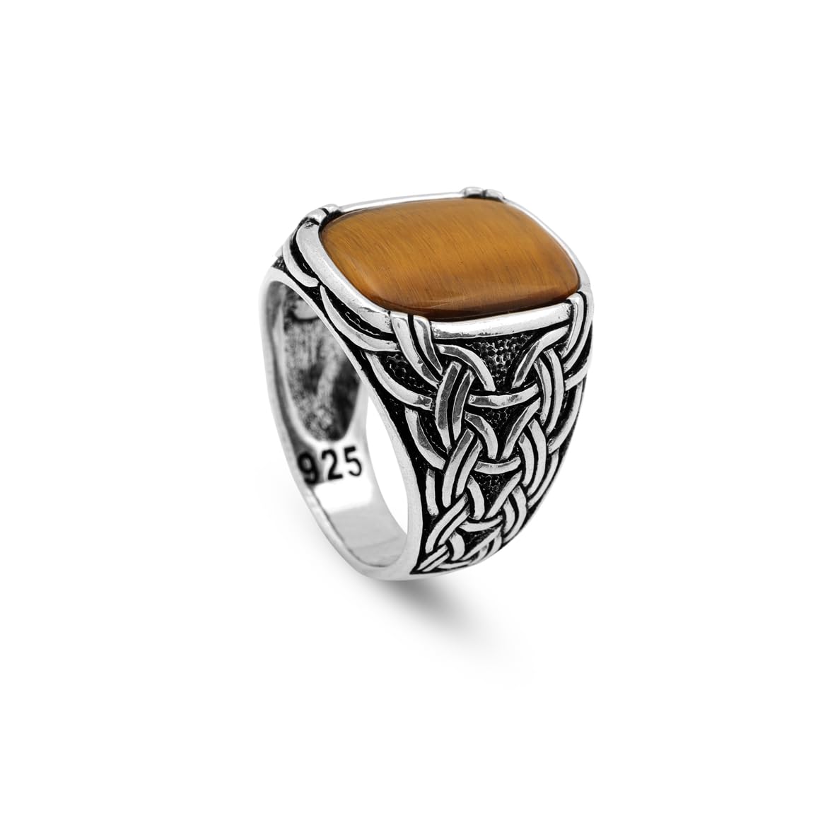 Tiger Eye Ottoman Signet Ring for Men – Vintage Sterling Silver Gemstone Engagement Ring – Handmade Custom Engraved Mens Ring with Gift Silver Polishing Cloth