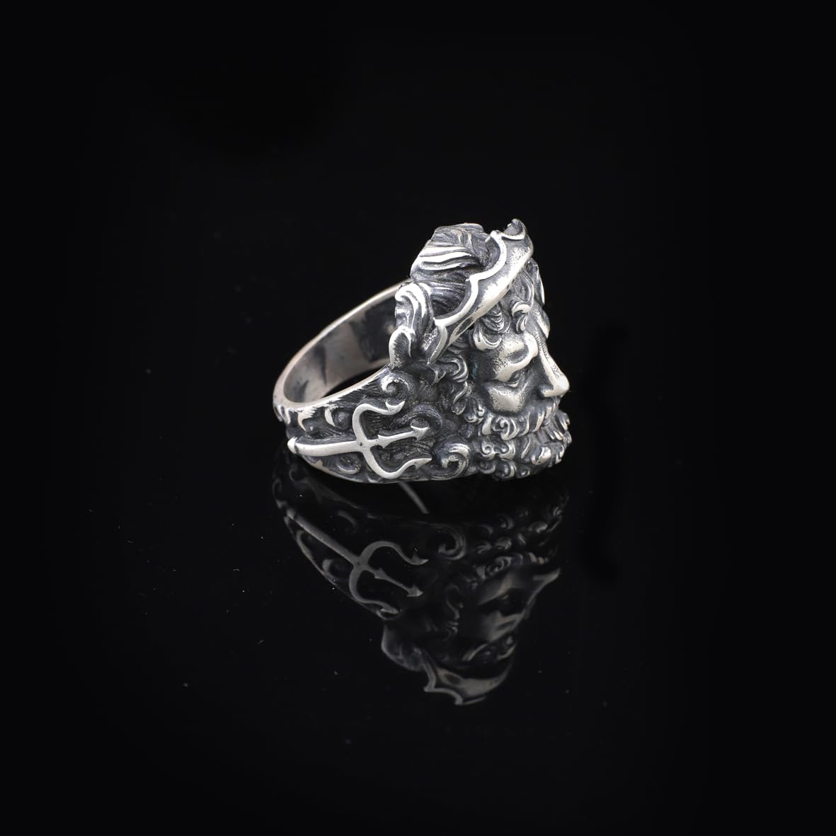 Handmade 925 Sterling Silver Poseidon Mythology Ring - Men's Jewelry