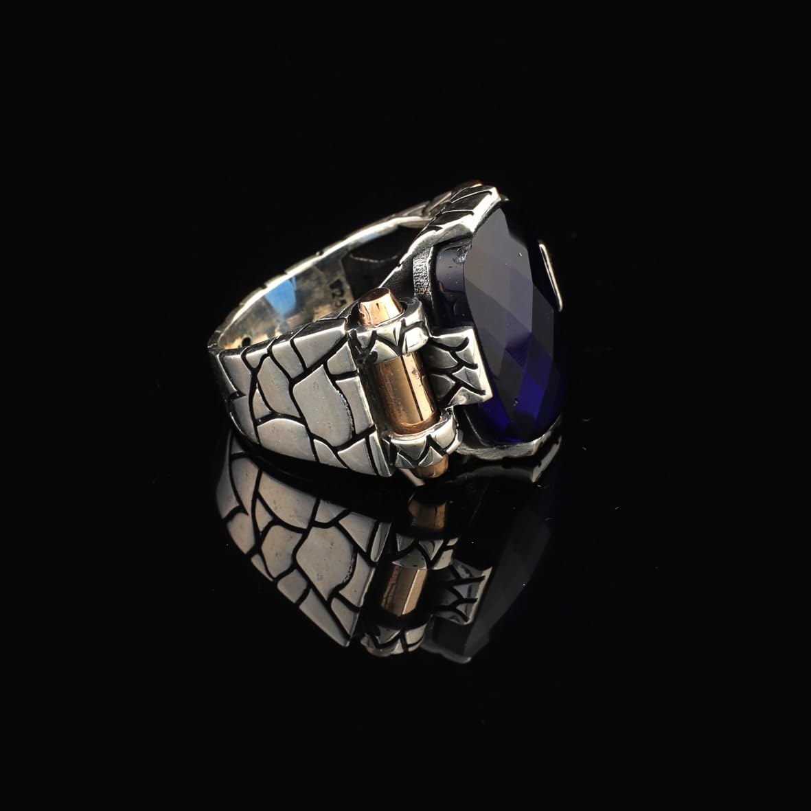 Handmade Sterling Silver Sapphire Ring for Men - Ottoman-Style Vintage Gemstone Pinky Ring with Custom Engraving