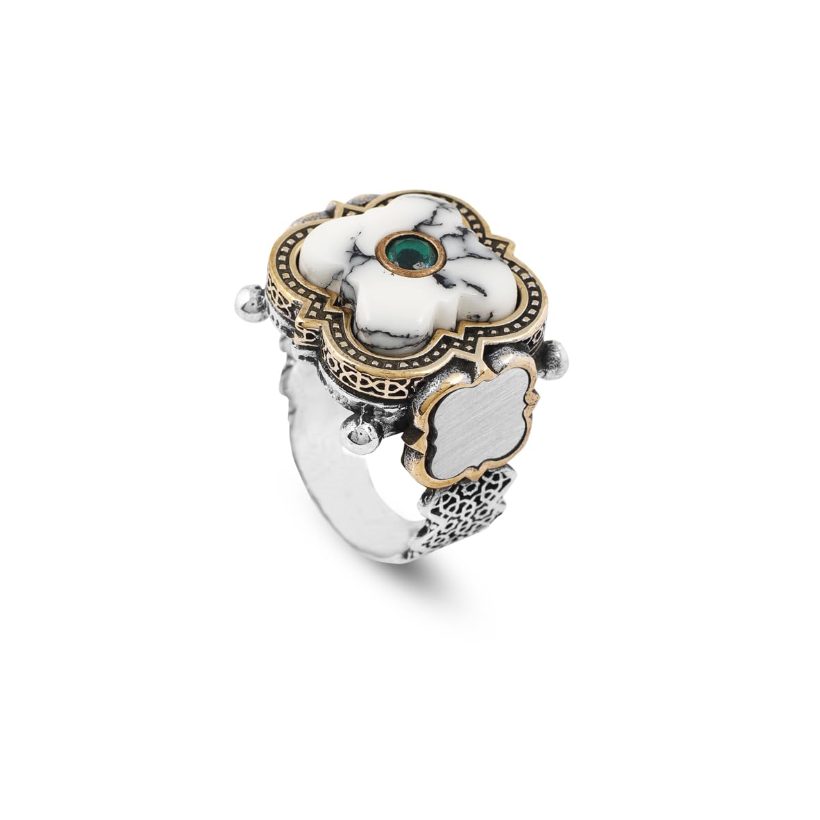 Genuine White Turquoise & Emerald Men's Ring
