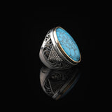 Handmade Chunky Sterling Silver Ring for Men with Turquoise and Micro Sapphire – Ottoman Style Vintage Engagement Ring — image 4