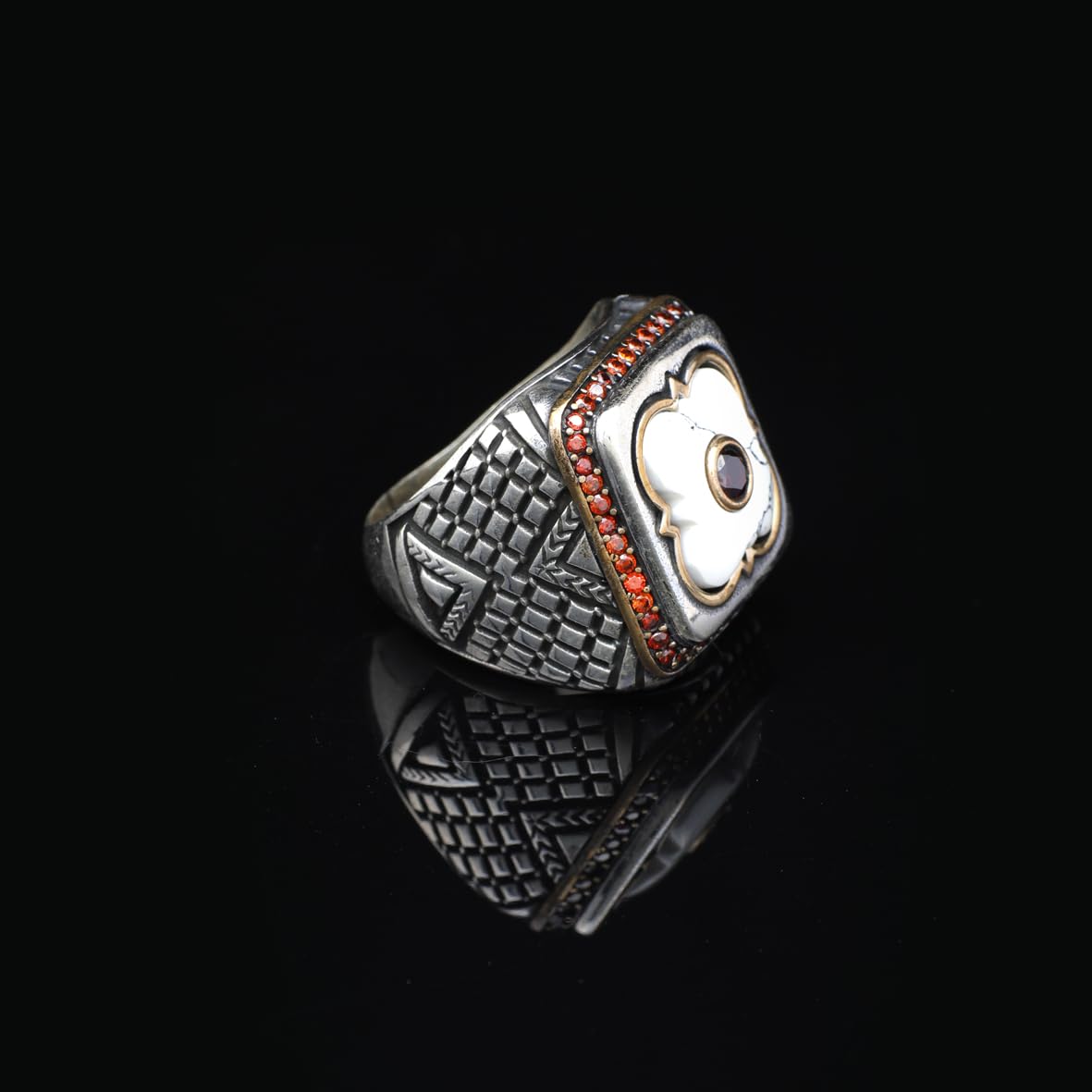 Genuine Turquoise Mens Ring with White Turquoise and Micro Stone