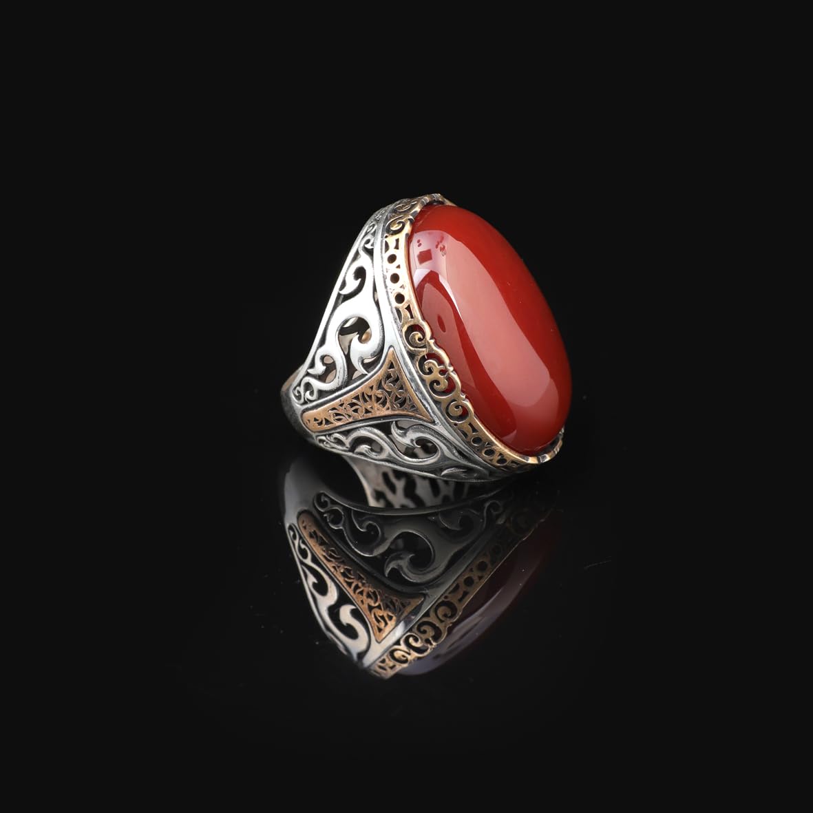 Carnelian Ring - Oval Stone - Large Gemstone Ring - Men's Vintage Handmade 925 Sterling Silver Ring with Silver Polishing Cloth Gift