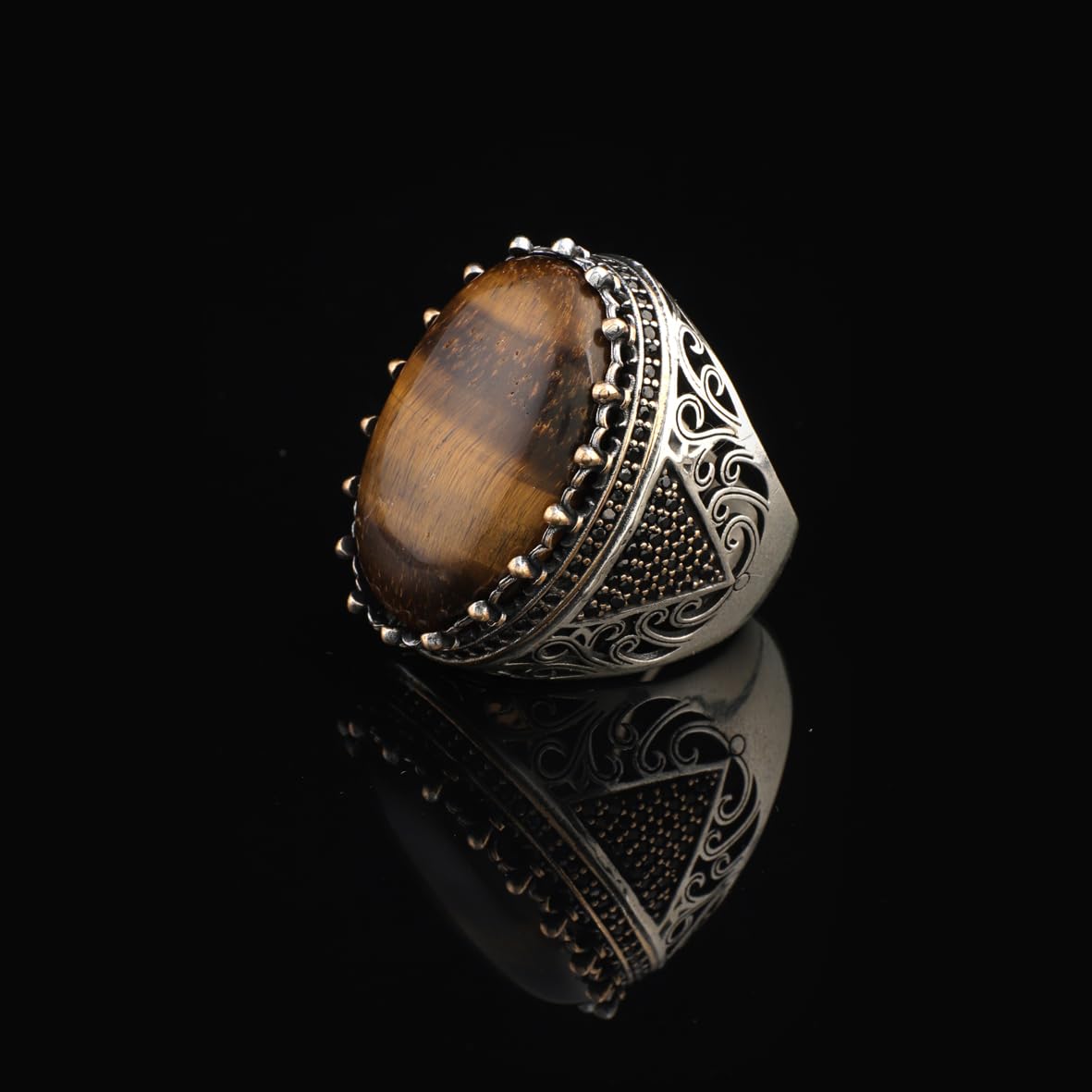 Men's Tiger Eye Engagement Ring with Micro Sapphire - Chunky Sterling Silver Handmade Ring in Vintage Ottoman Style with Custom Engraving & Gift Silver Polishing Cloth