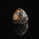Men's Tiger Eye Engagement Ring with Micro Sapphire - Chunky Sterling Silver Handmade Ring in Vintage Ottoman Style with Custom Engraving & Gift Silver Polishing Cloth — image 5