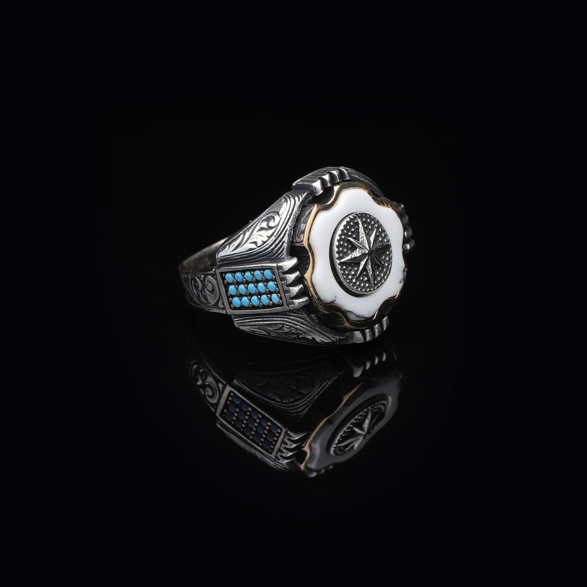 925 Sterling Silver White Turquoise and Pole Star Rotating Ring for Men - White Turquoise and Pole Star Design - Birthday Gifts