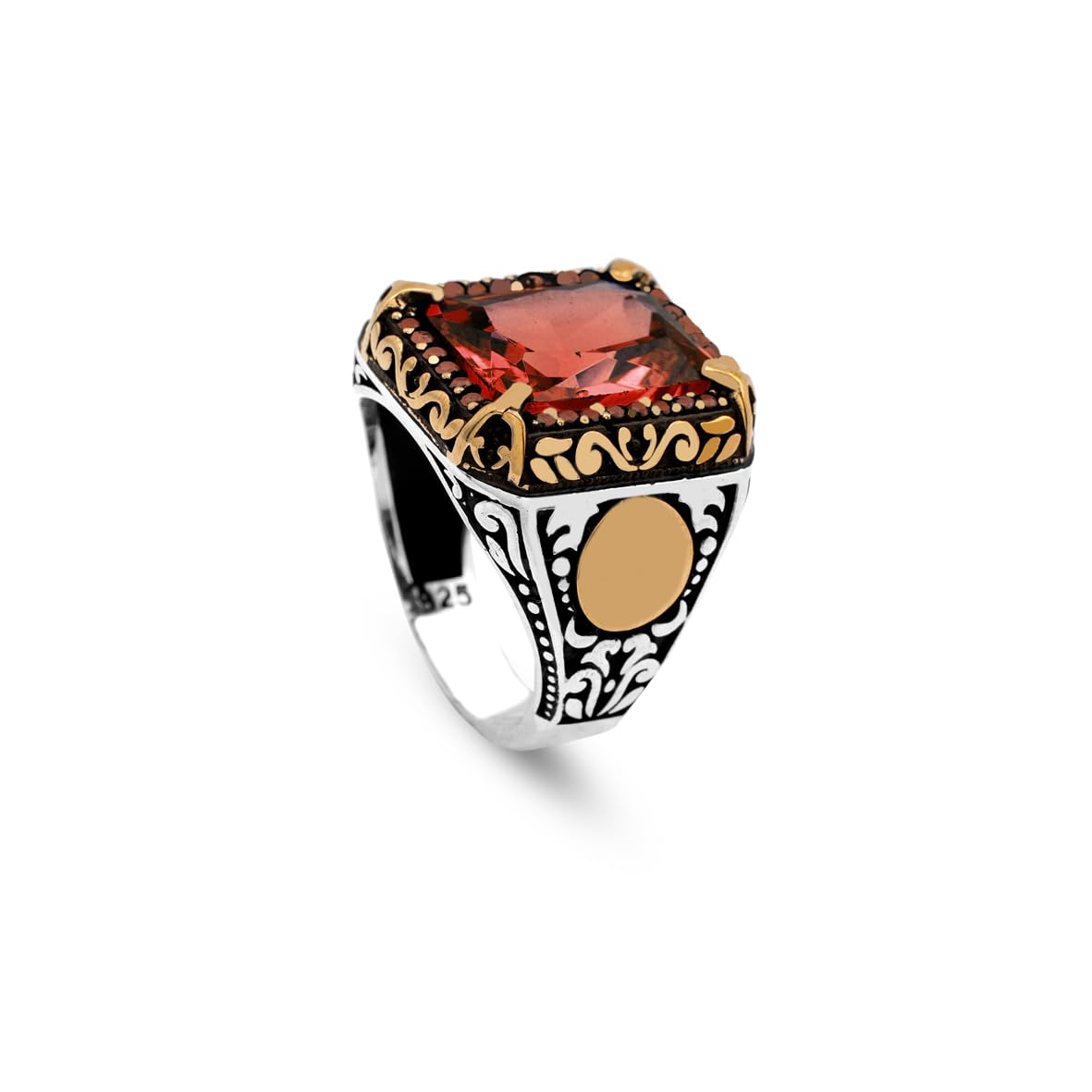 Handmade Mens Sterling Silver Garnet Ring – Ottoman Vintage Gemstone Engagement Ring with Custom Engraving & Gift Silver Polishing Cloth