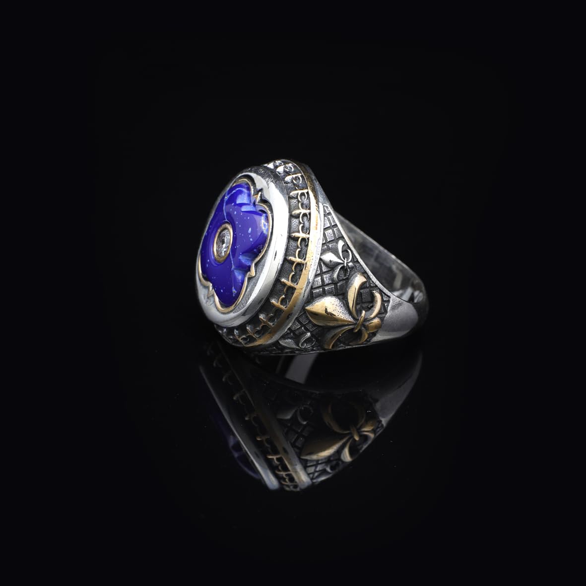 Lapis Lazuli Ring with Micro Sapphire: Vintage Handmade 925 Sterling Silver Men's Gemstone Ring with Silver Polishing Cloth Gift