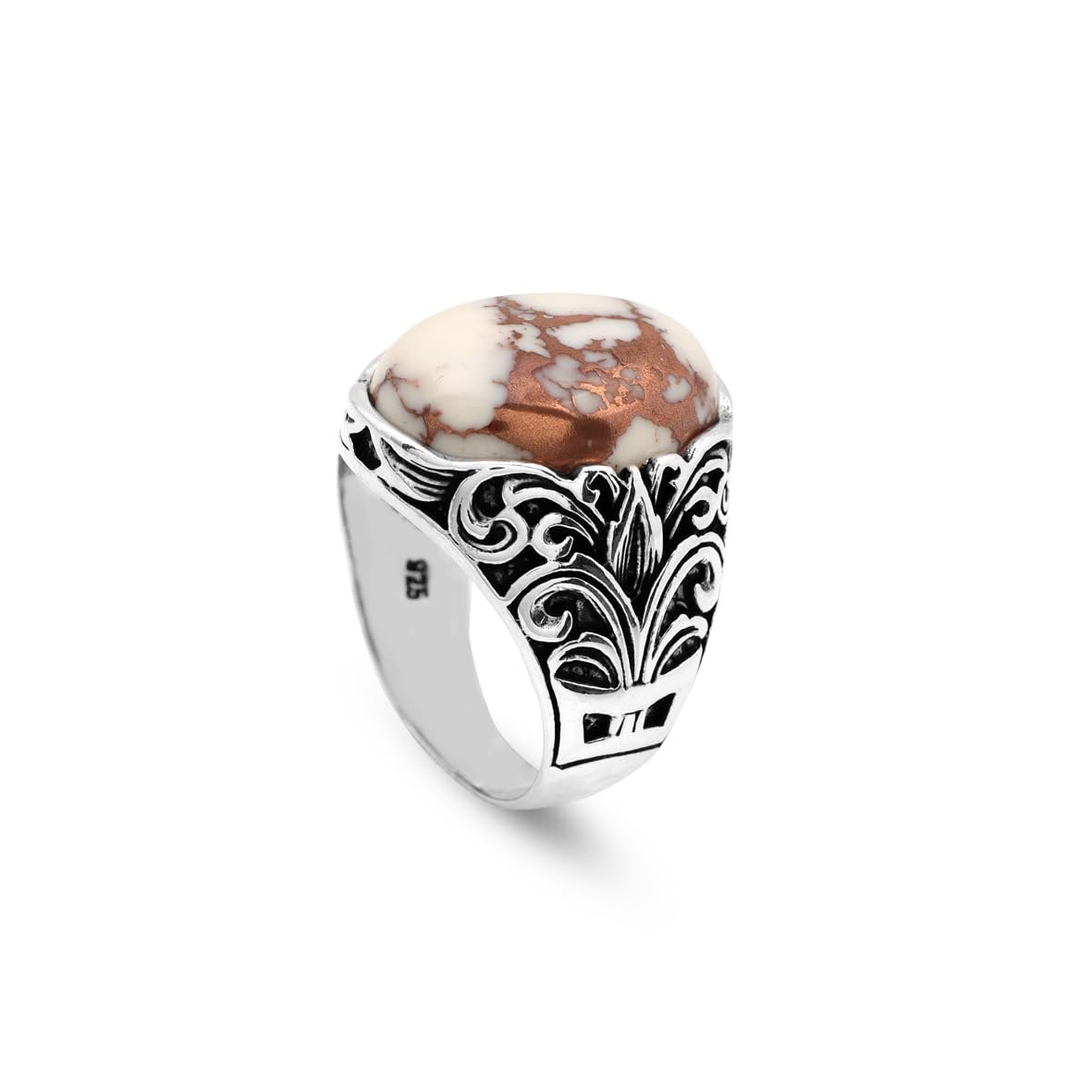 Mens White Turquoise Ring – Oval Gemstone in Ottoman Style – Handmade Vintage Sterling Silver Ring – Custom Engraved Engagement Ring with Gift Silver Polishing Cloth