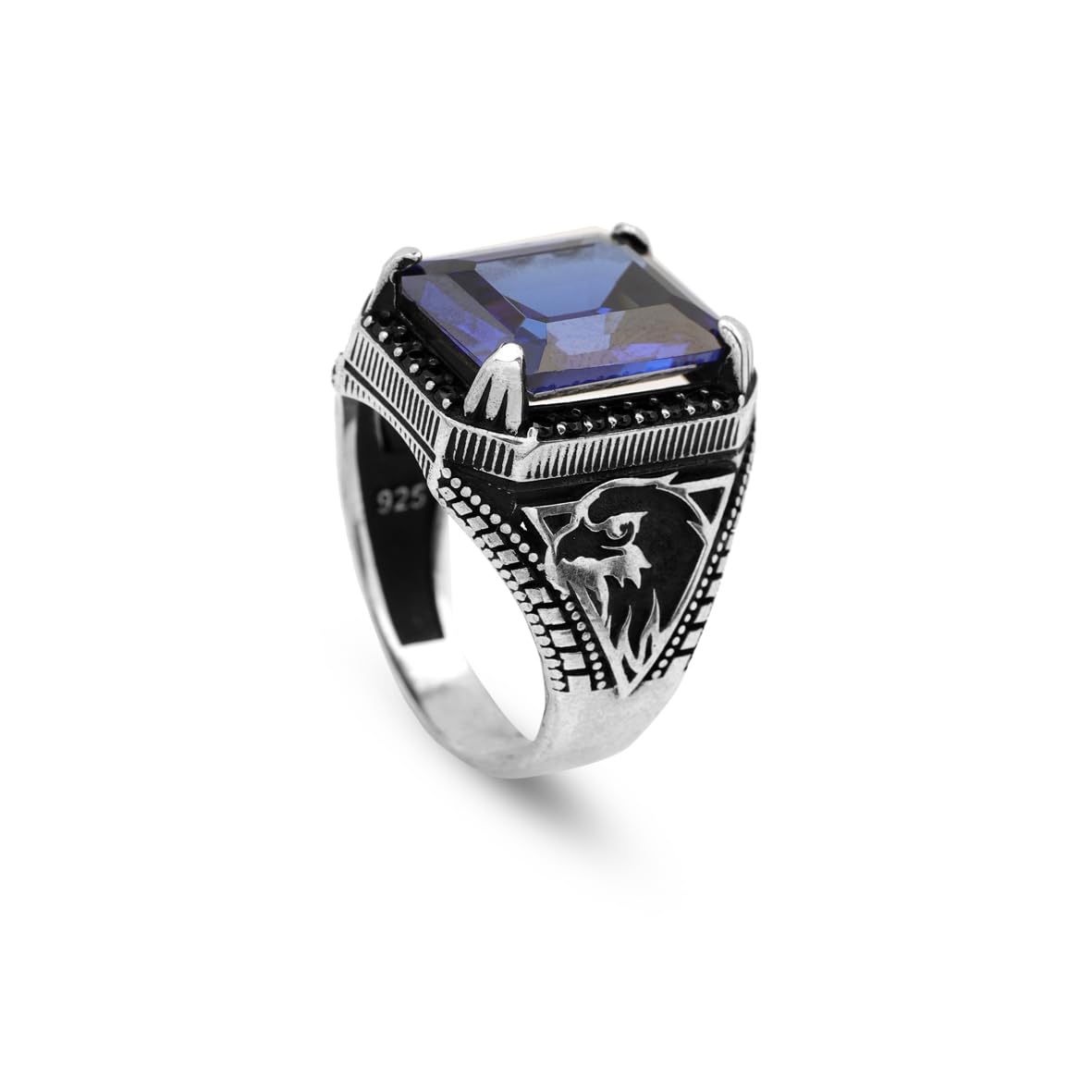 Sapphire Eagle Signet Ring for Men – Vintage Handmade Sterling Silver Gemstone Ring with Custom Engraving – Engagement Ring Gift with Silver Polishing Cloth