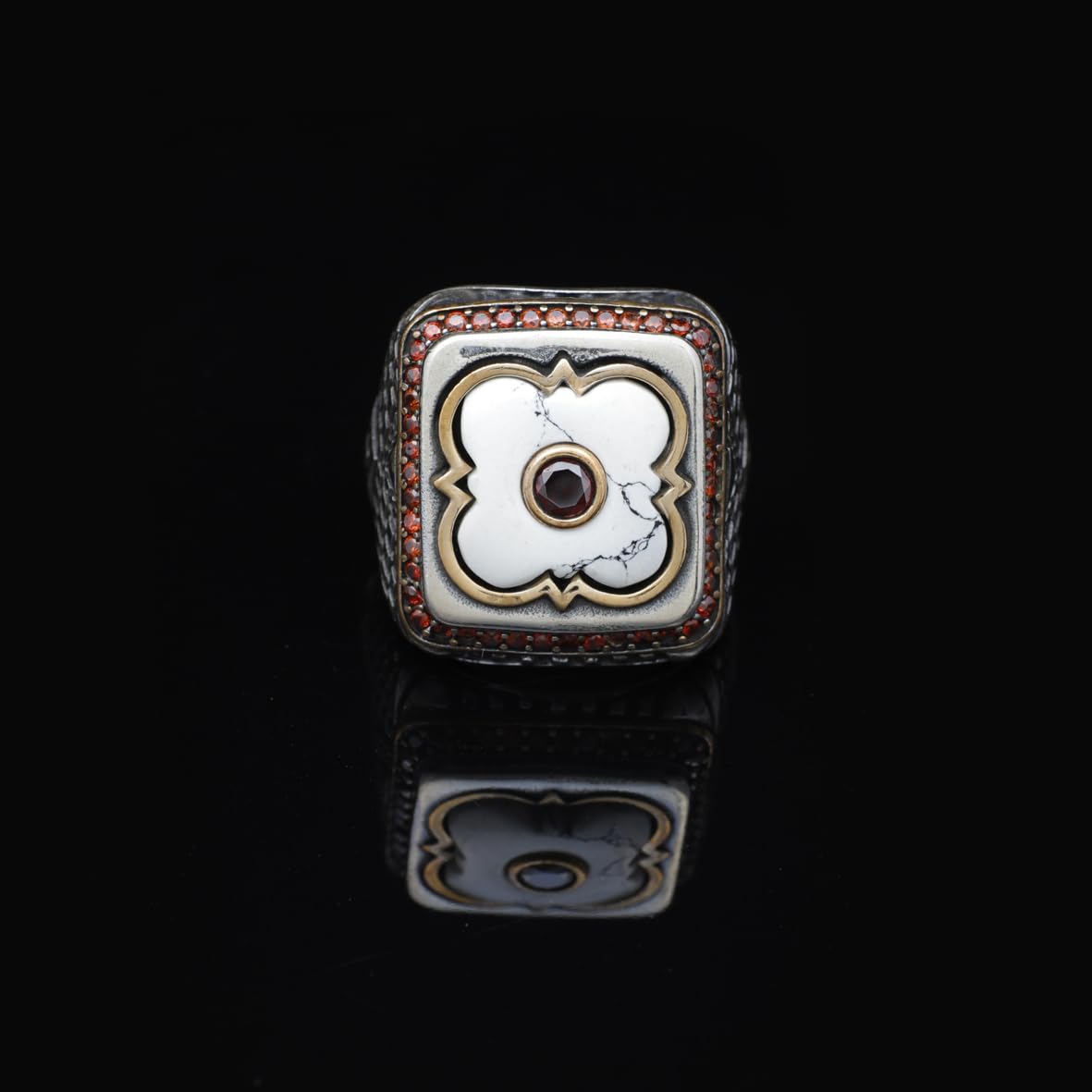 Genuine Turquoise Mens Ring with White Turquoise and Micro Stone
