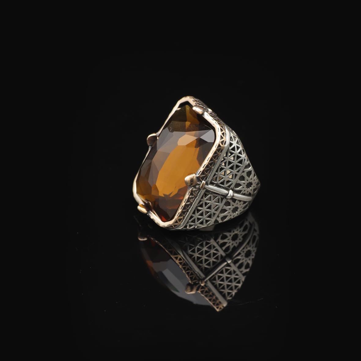 Vintage Large Citrine Ring for Men - 925 Sterling Silver Turkish Handmade Polished Engagement Ring with Silver Polishing Cloth Gift