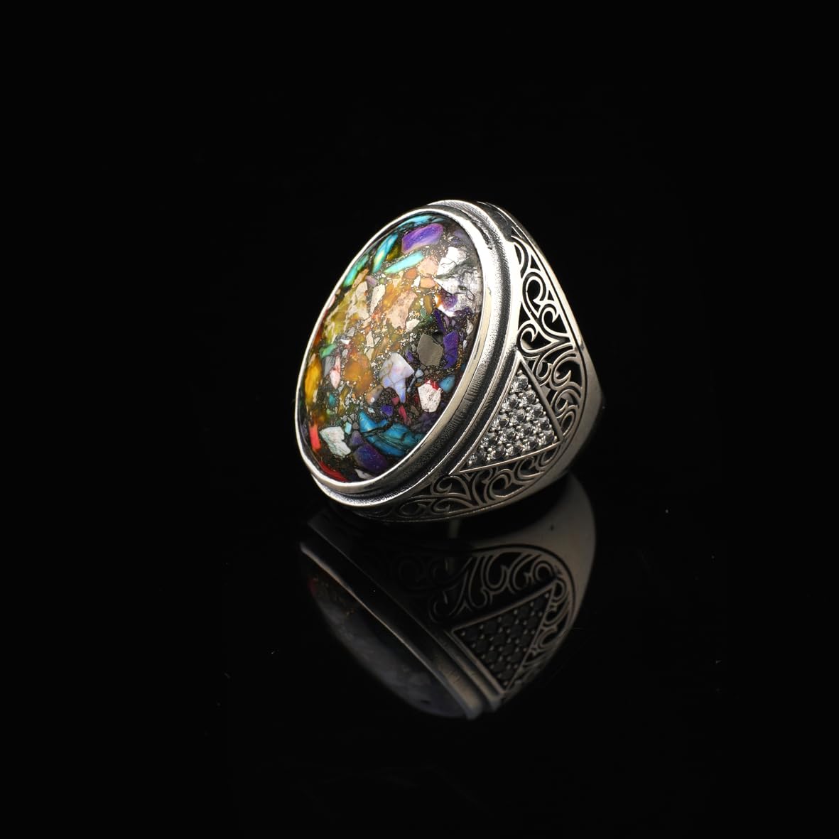 Turquoise Sterling Silver Ring for Men – Special Large Chunky Ring with Gemstone and Micro Sapphire – Ottoman Vintage Handmade Engagement Ring with Custom Engraving