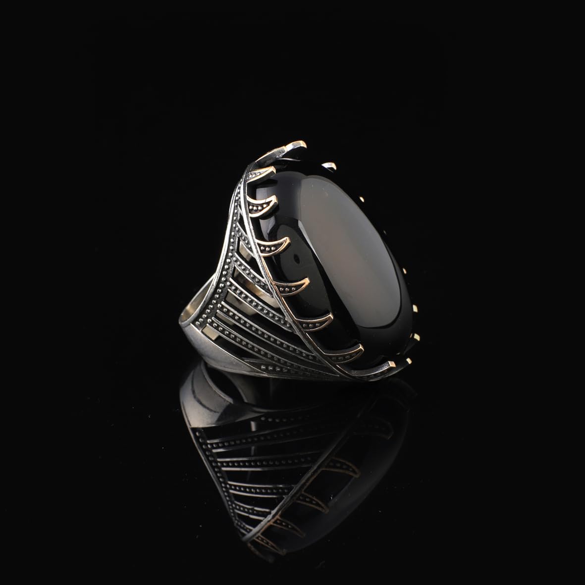 Men's Black Onyx Ring - Chunky Sterling Silver Engagement Ring with Ottoman Design