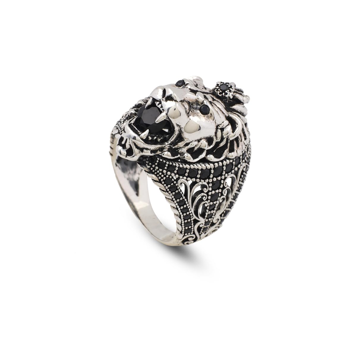 Handmade Lion Ring with Black Onyx Micro Stone - 925 Sterling Silver Men's Gemstone Jewelry