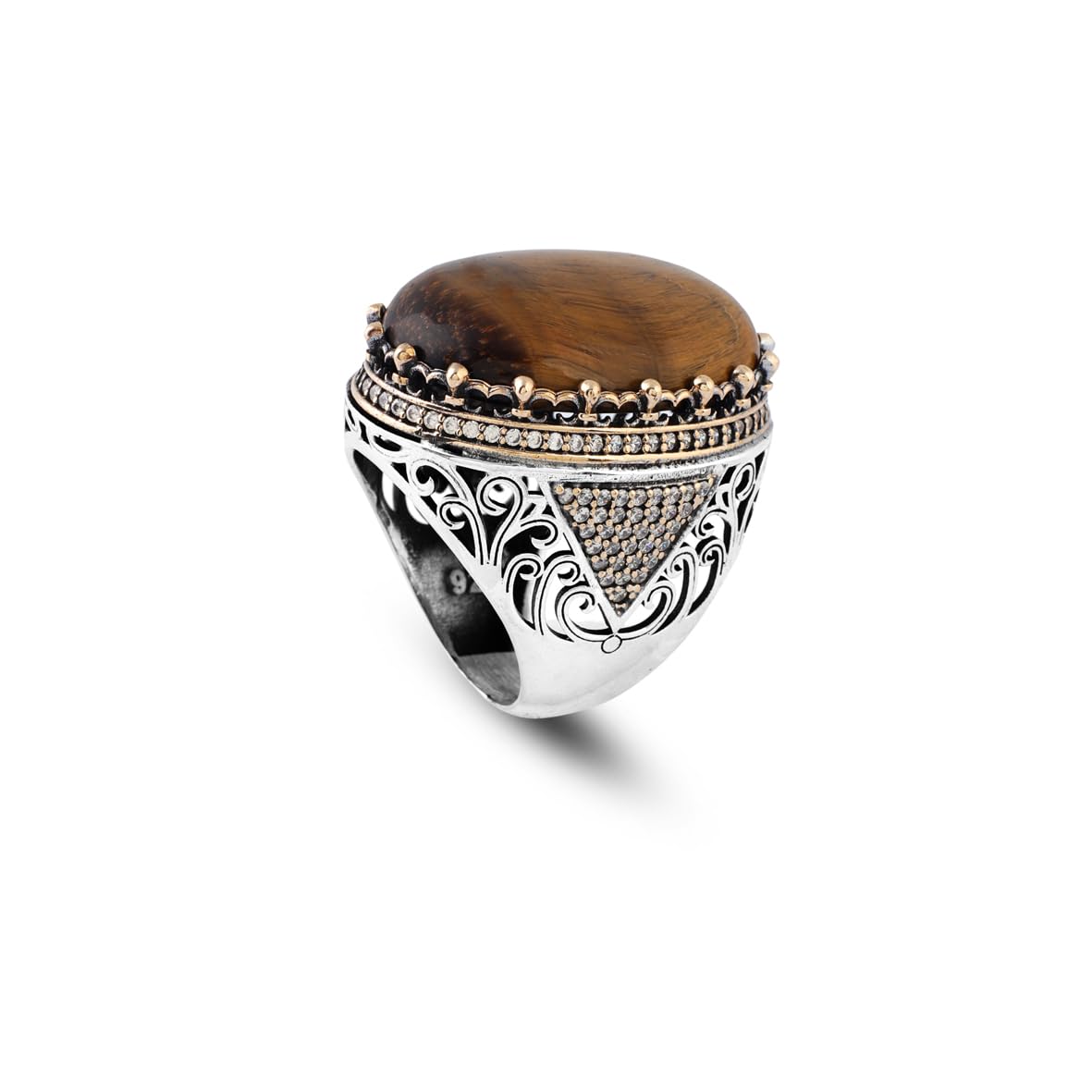 Men's Tiger Eye Engagement Ring with Micro Sapphire - Chunky Sterling Silver Handmade Ring in Vintage Ottoman Style with Custom Engraving & Gift Silver Polishing Cloth
