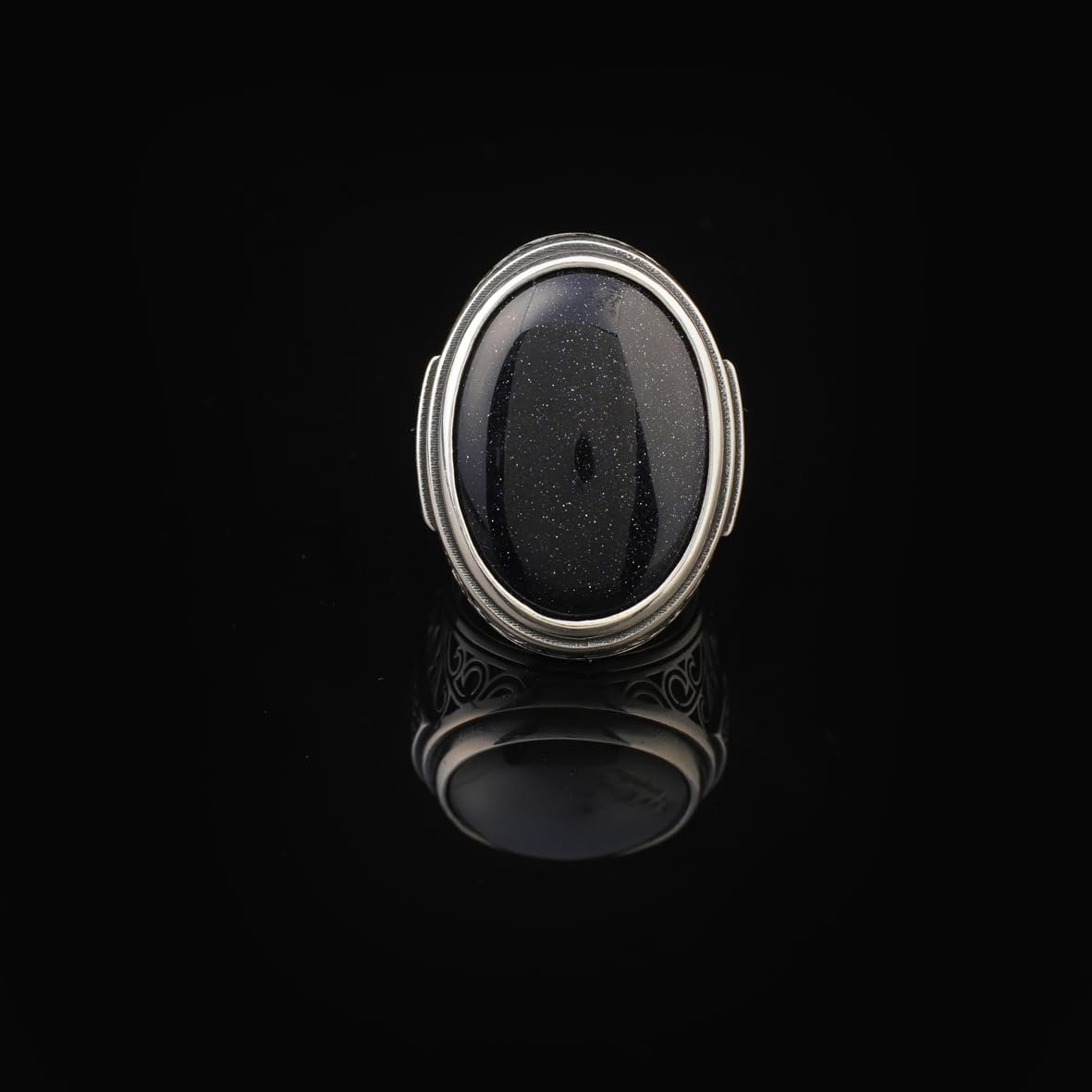 Space Onyx Stone Ring – Large Chunky Sterling Silver Ring with Micro Sapphire Stone