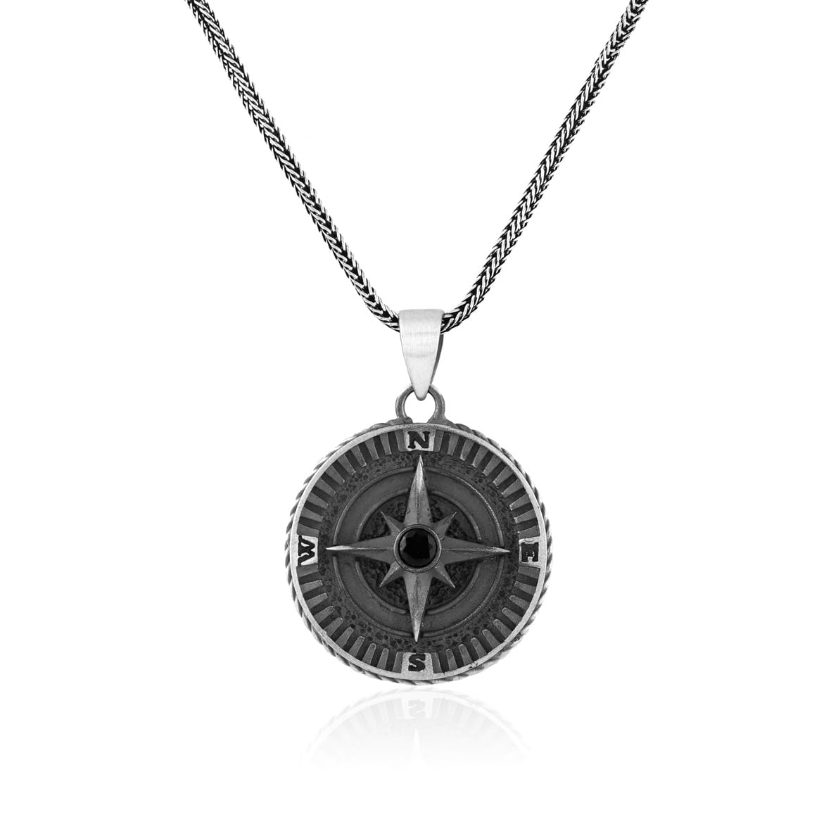 Men's Compass Pendant Necklace - Onyx and Sterling Silver Gothic Biker Necklace with Silver Chain & Polishing Cloth
