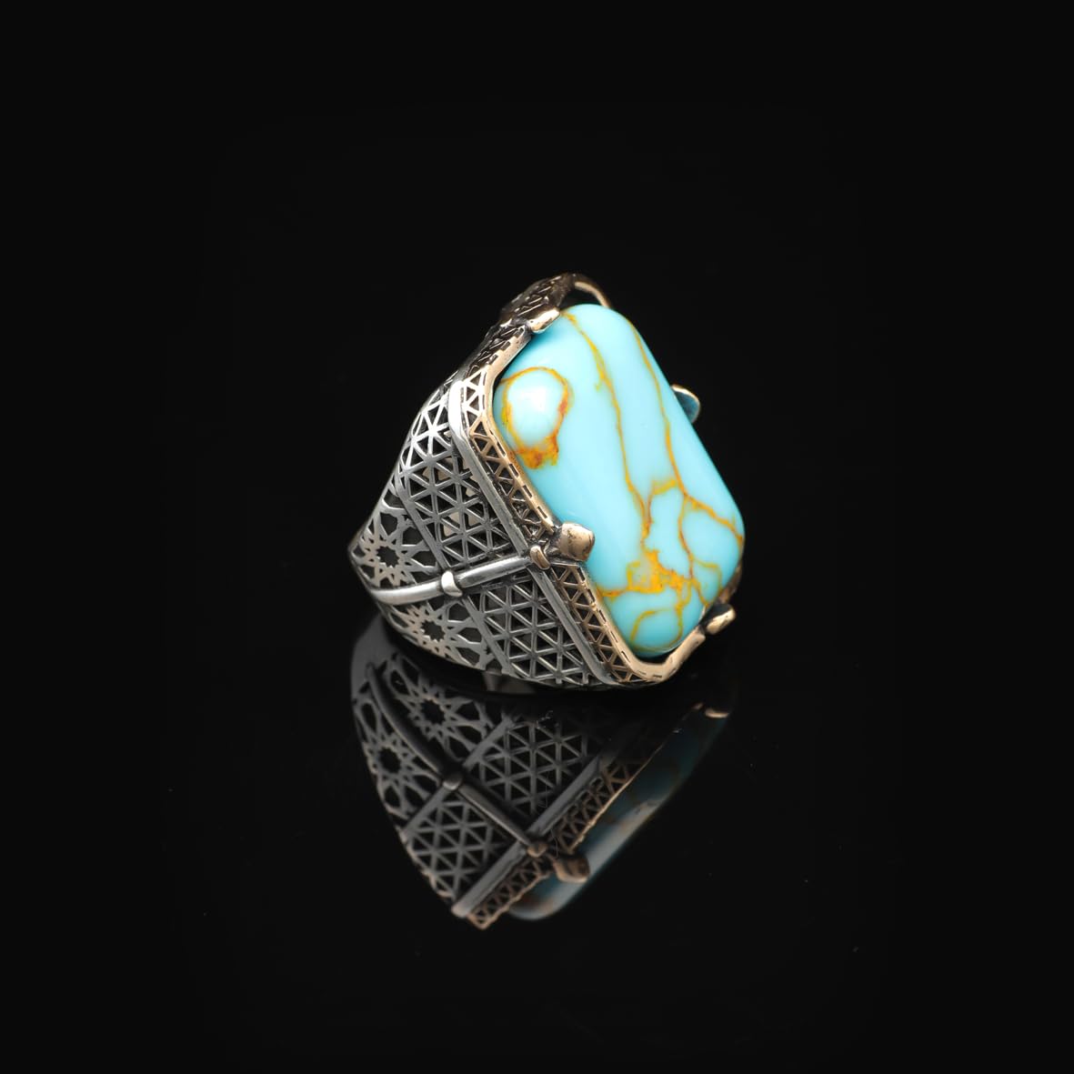 Vintage Large Turquoise Ring for Men - 925 Sterling Silver Turkish Handmade Polished Engagement Ring with Silver Polishing Cloth Gift