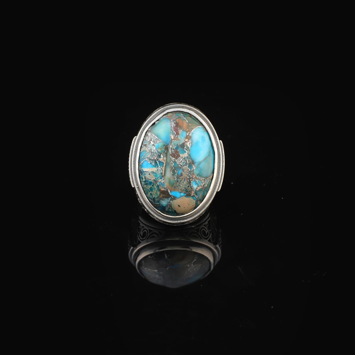 Handmade Special Turquoise Gemstone Ring – Large Chunky Ottoman Sterling Silver Ring for Men – Micro Sapphire Accent – Vintage Style Engagement Ring with Custom Engraving