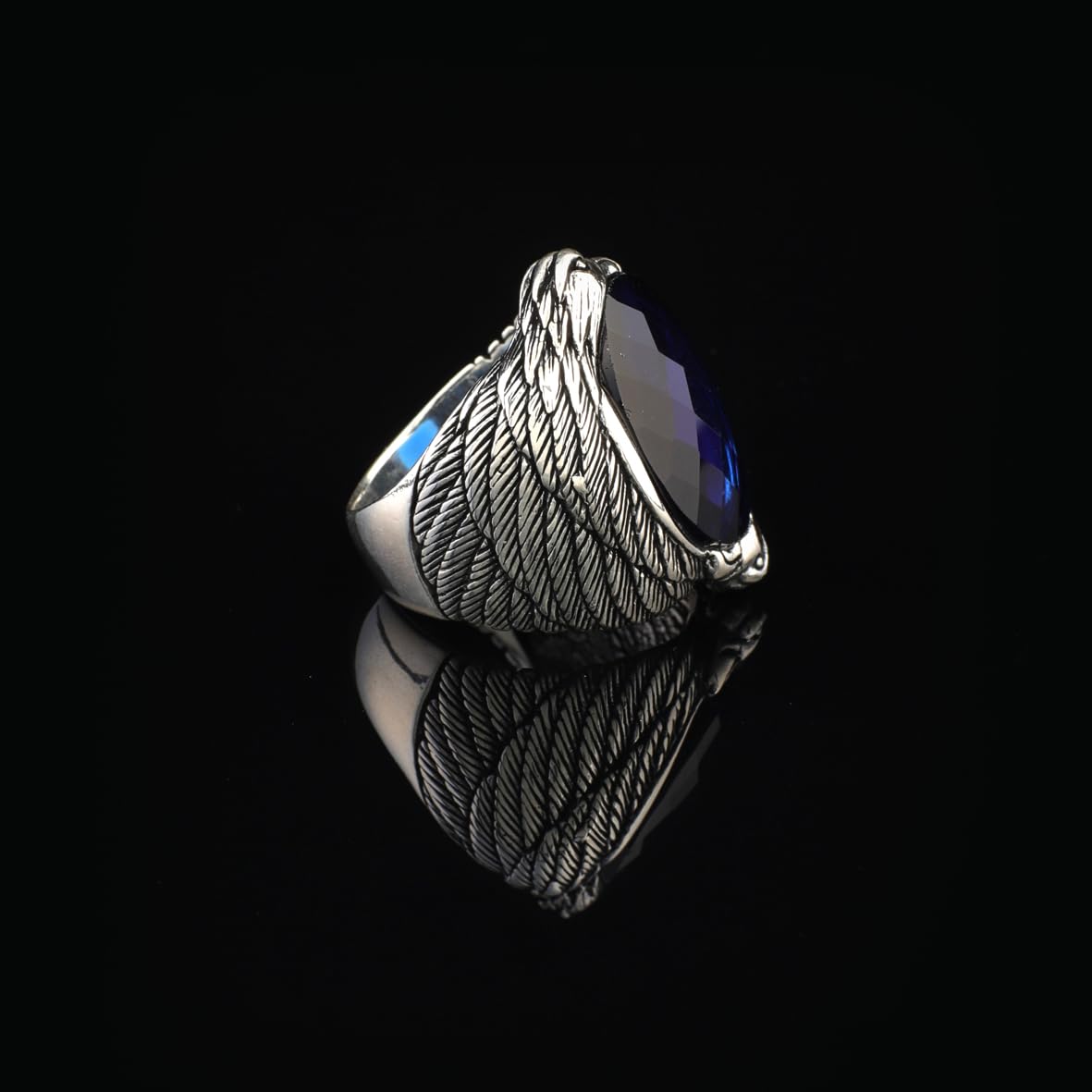 Handmade Vintage Sapphire Eagle Ring in Sterling Silver – Custom Engraved Men's Animal Jewelry Engagement Ring - Gift Silver Polishing Cloth