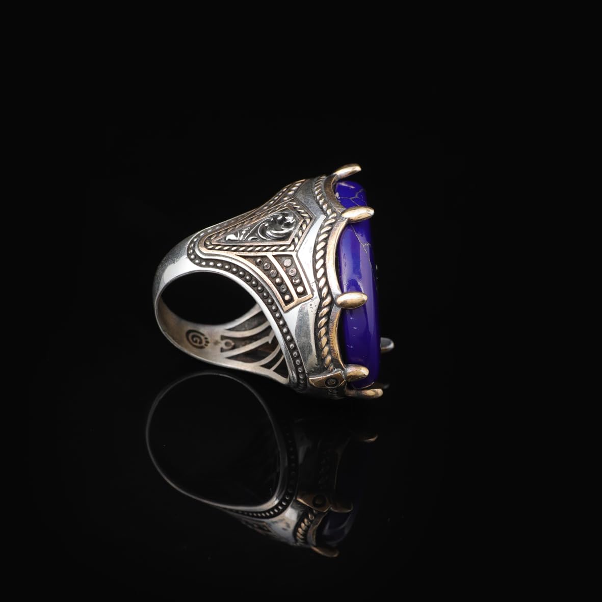 Lapis Lazuli Oval Gemstone Ring - Large Handmade Ottoman Style 925 Sterling Silver Men's Ring with Silver Polishing Cloth Gift