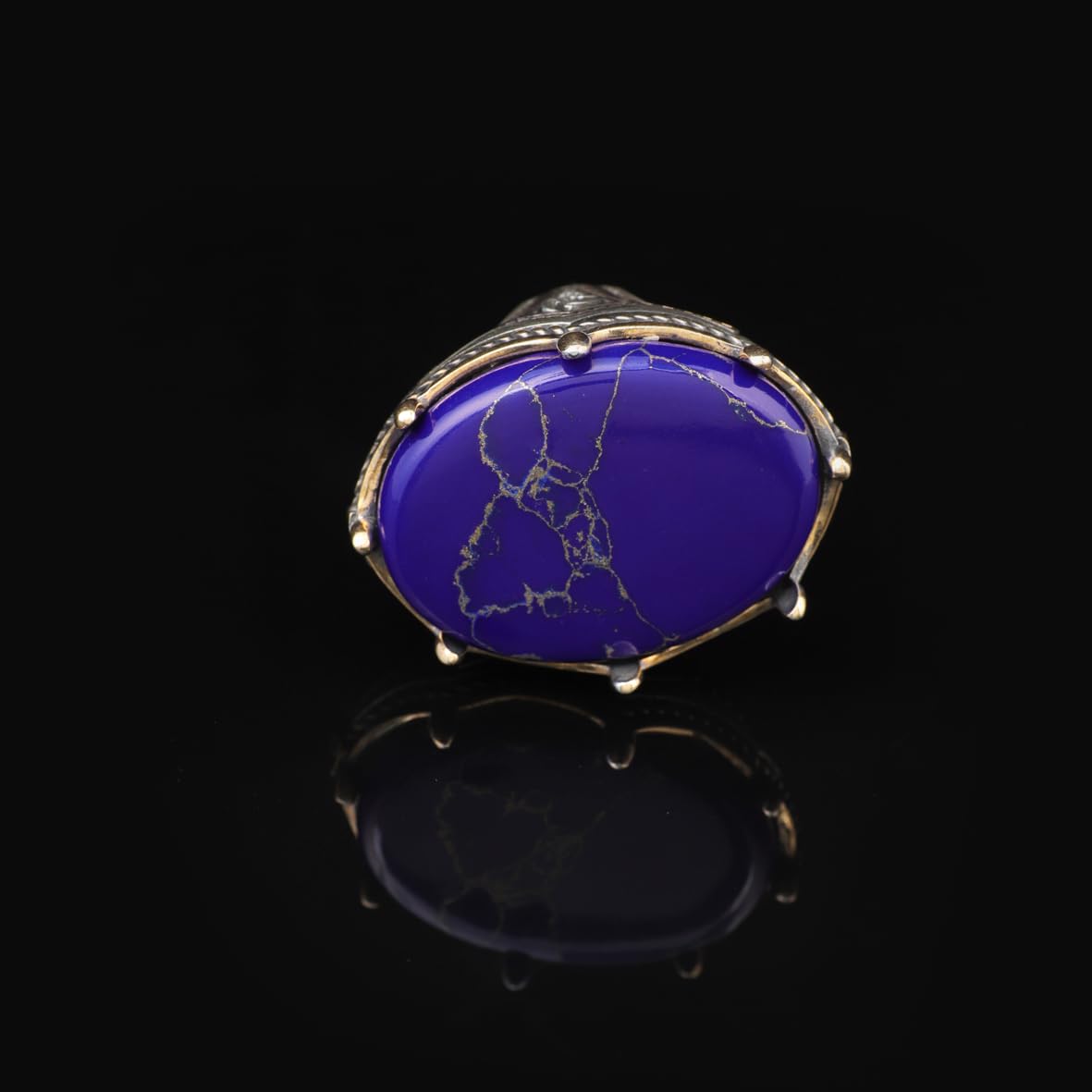 Lapis Lazuli Oval Gemstone Ring - Large Handmade Ottoman Style 925 Sterling Silver Men's Ring with Silver Polishing Cloth Gift
