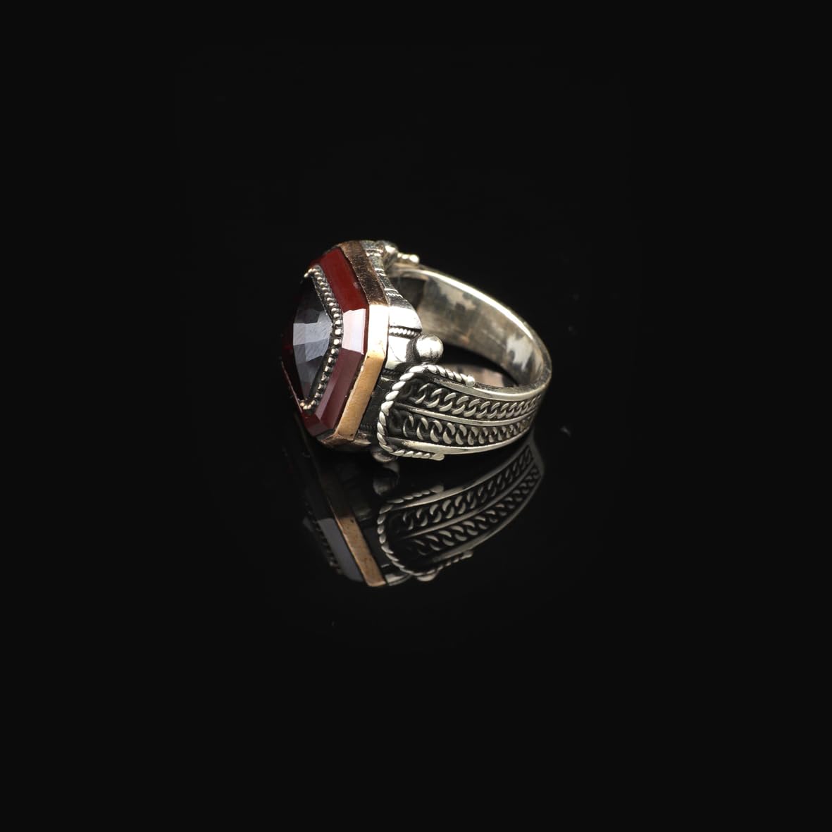Handmade Vintage Garnet Ring - Men's 925 Sterling Silver Gemstone Ring - Turkish Design