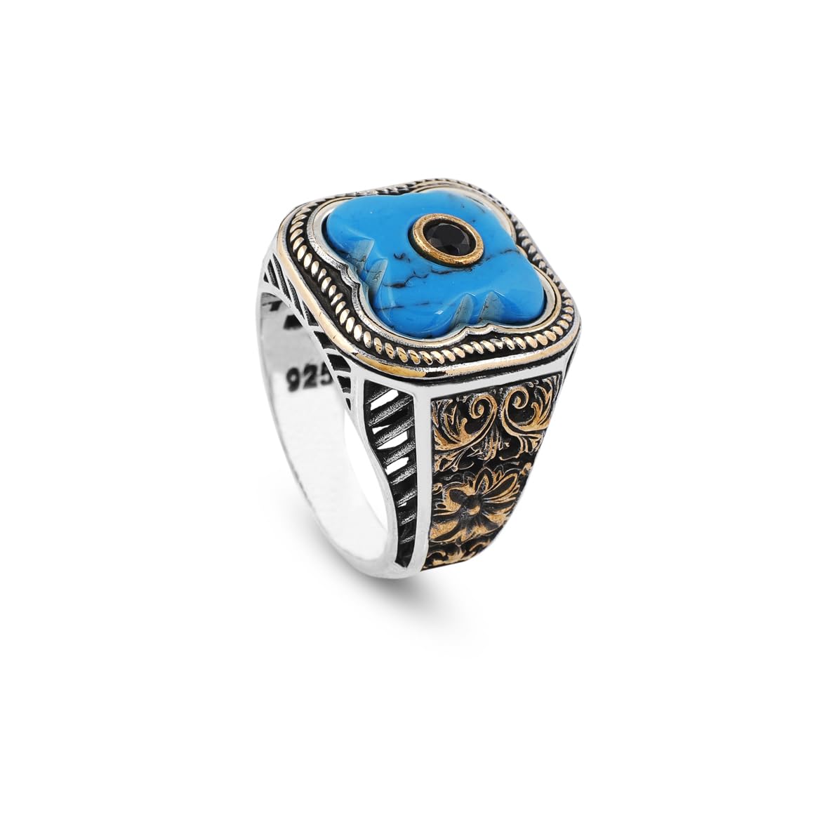 Genuine Turquoise Mens Ring with Black Onyx - Vintage Handmade 925 Sterling Silver Gemstone Ring for Men - Micro Stone Detailing - Includes Silver Polishing Cloth Gift