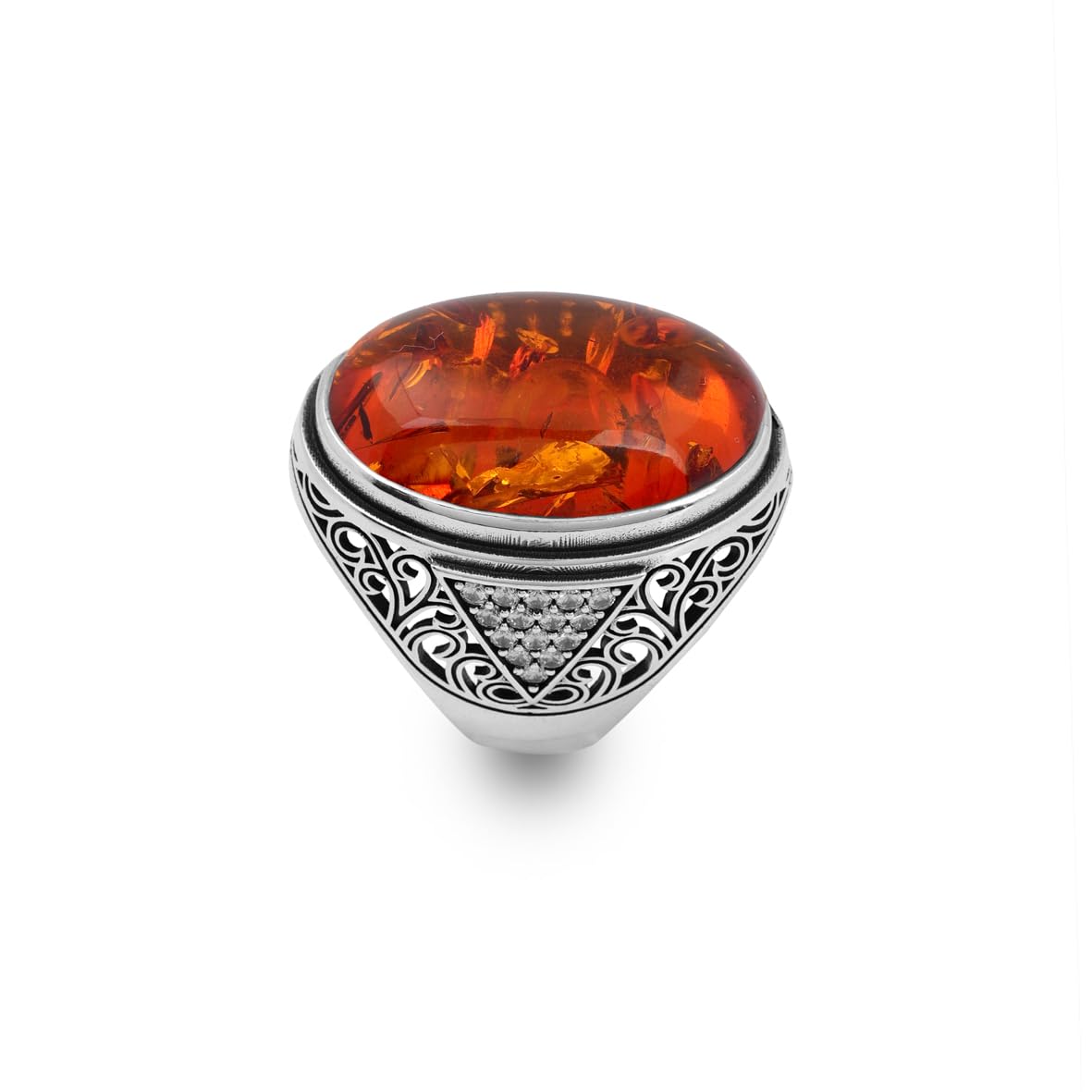 Amber Ring for Men – Large Chunky Sterling Silver Ring with Micro Sapphire Stone