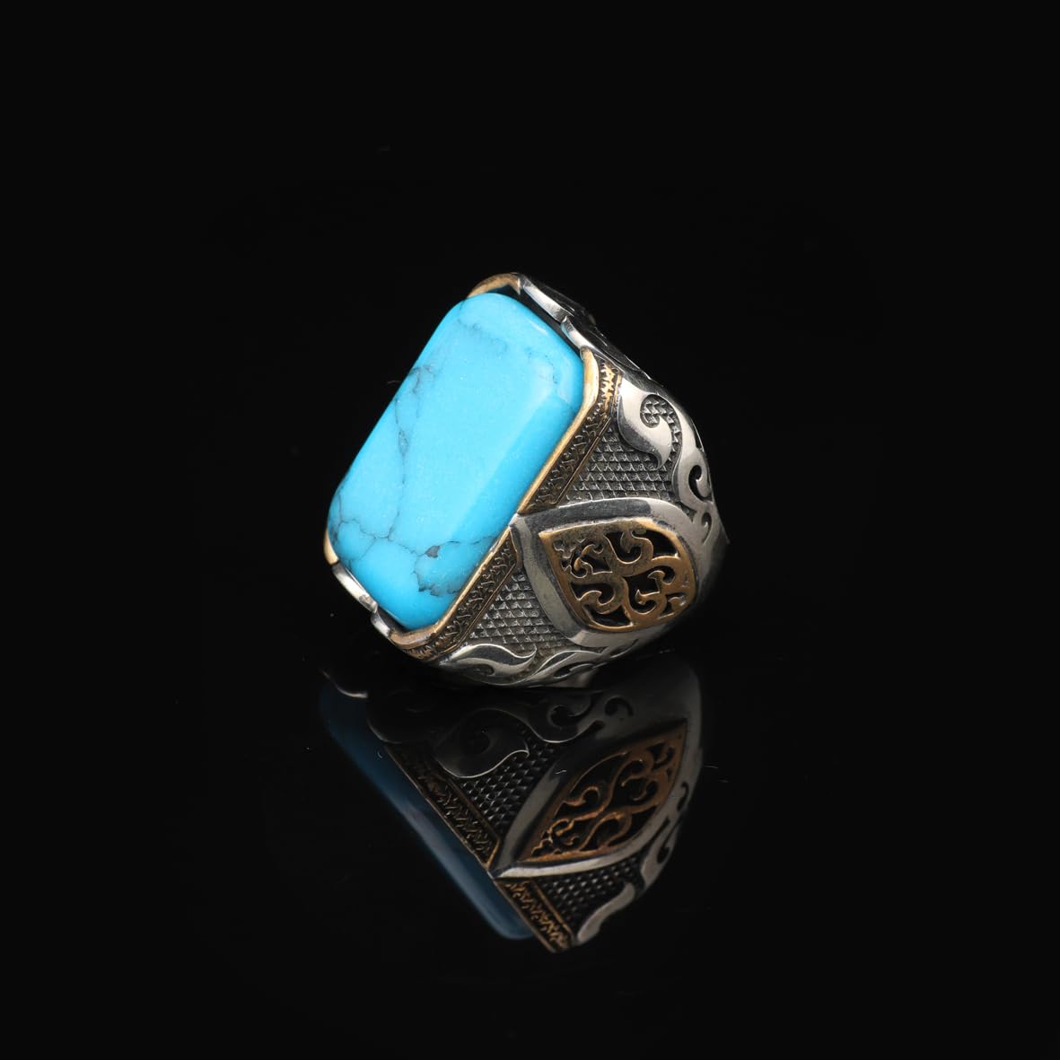 Turquoise Ring - Large Gemstone Ottoman Vintage Handmade 925 Sterling Silver Men's Ring with Silver Polishing Cloth Gift