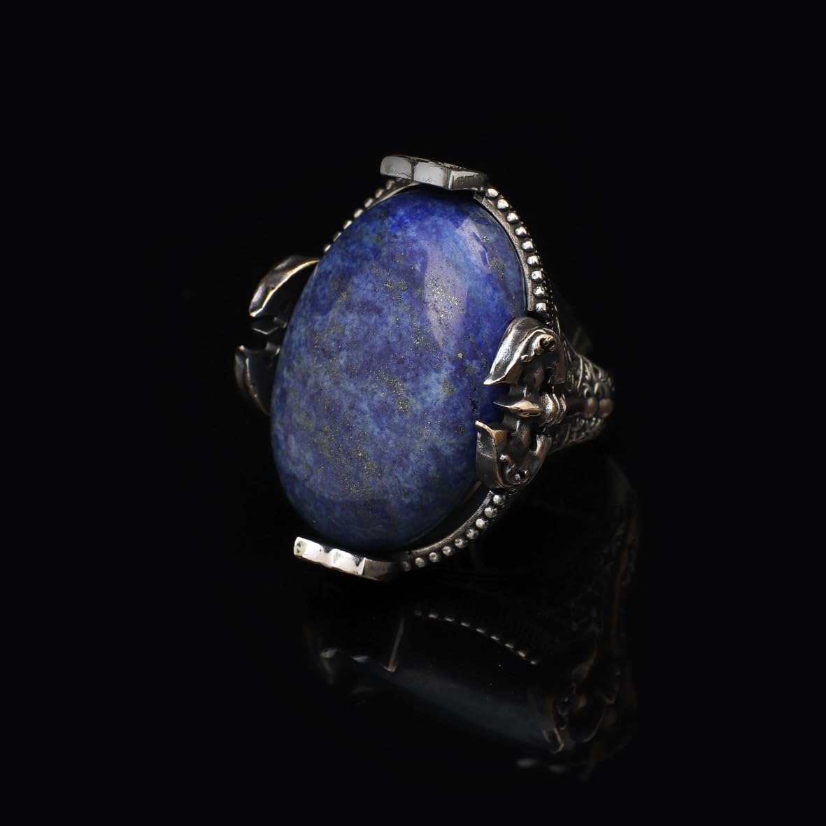 Handmade Large Lapis Lazuli Ax Ring - 925 Sterling Silver Men's Gemstone Jewelry with Silver Polishing Cloth Gift