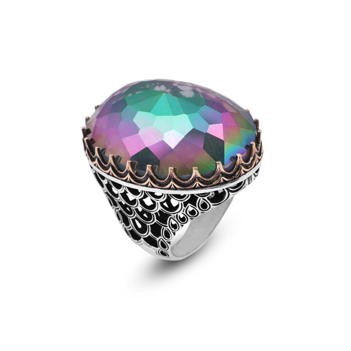 Mystic Topaz Ring - Oval Stone Large Gemstone Ring Men Vintage Ottoman Handmade 925 Sterling Silver Rings with Silver Polishing Cloth Gift